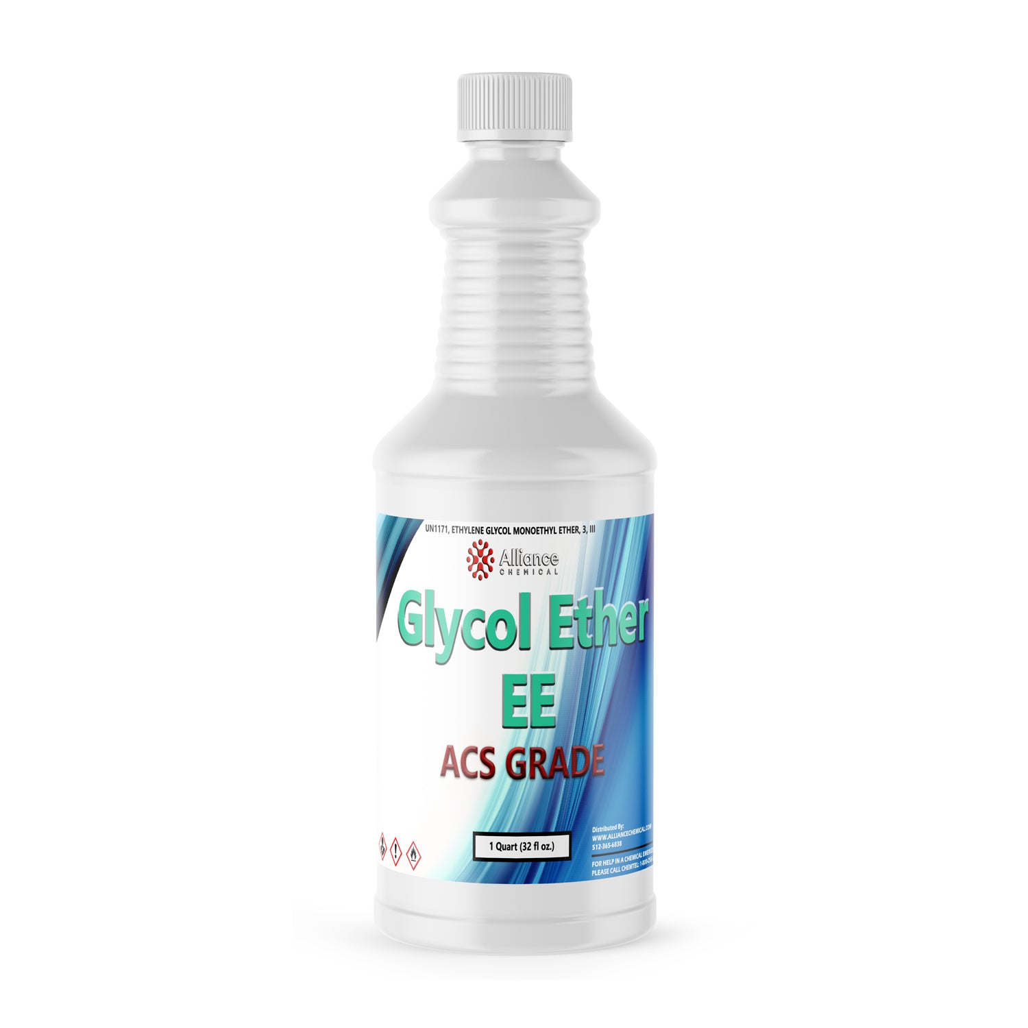 1-quart white HDPE bottle of Alliance Chemical Glycol Ether EE ACS Grade solvent with safety warning symbols and ribbed grip design.