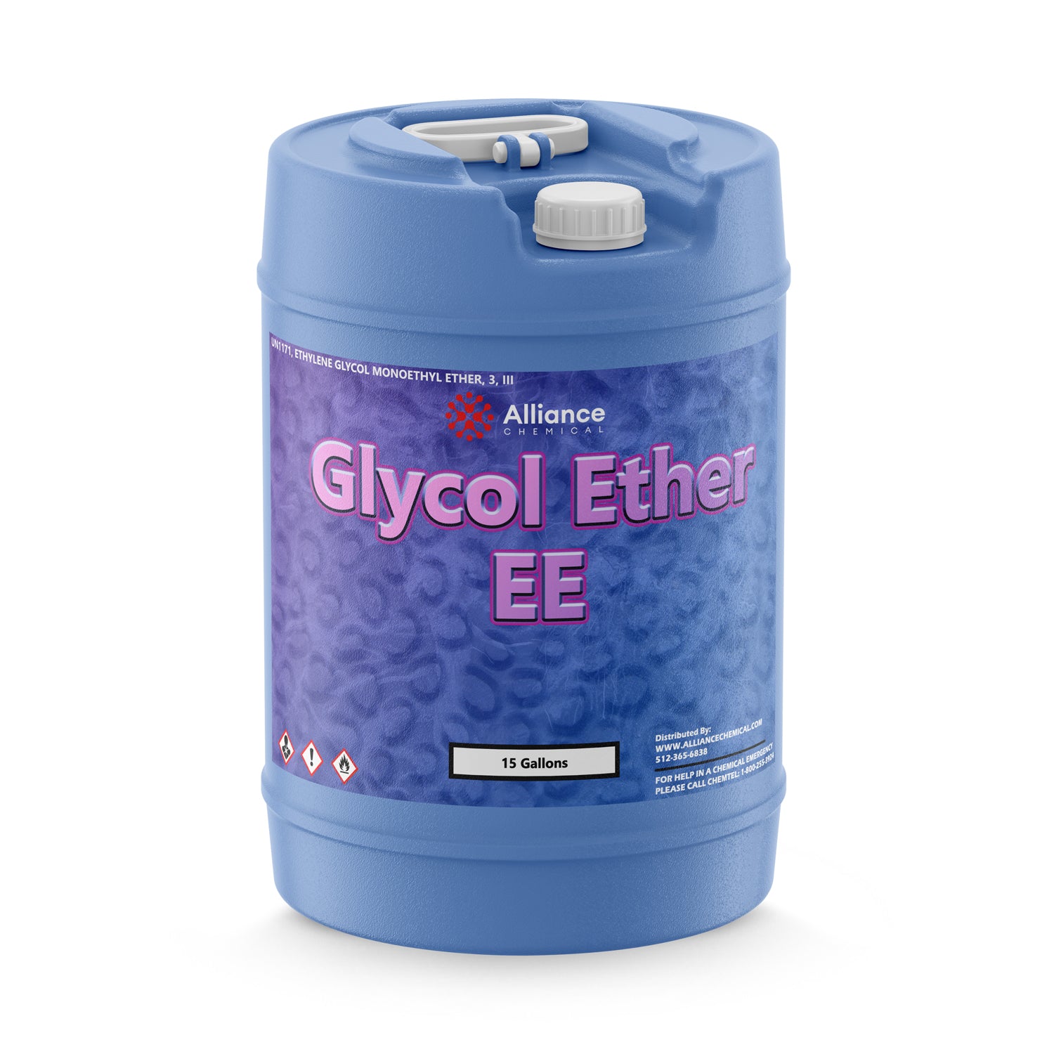 15-gallon blue polyethylene carboy of Alliance Chemical Glycol Ether EE solvent with hazard warning symbols and white screw-cap closure.