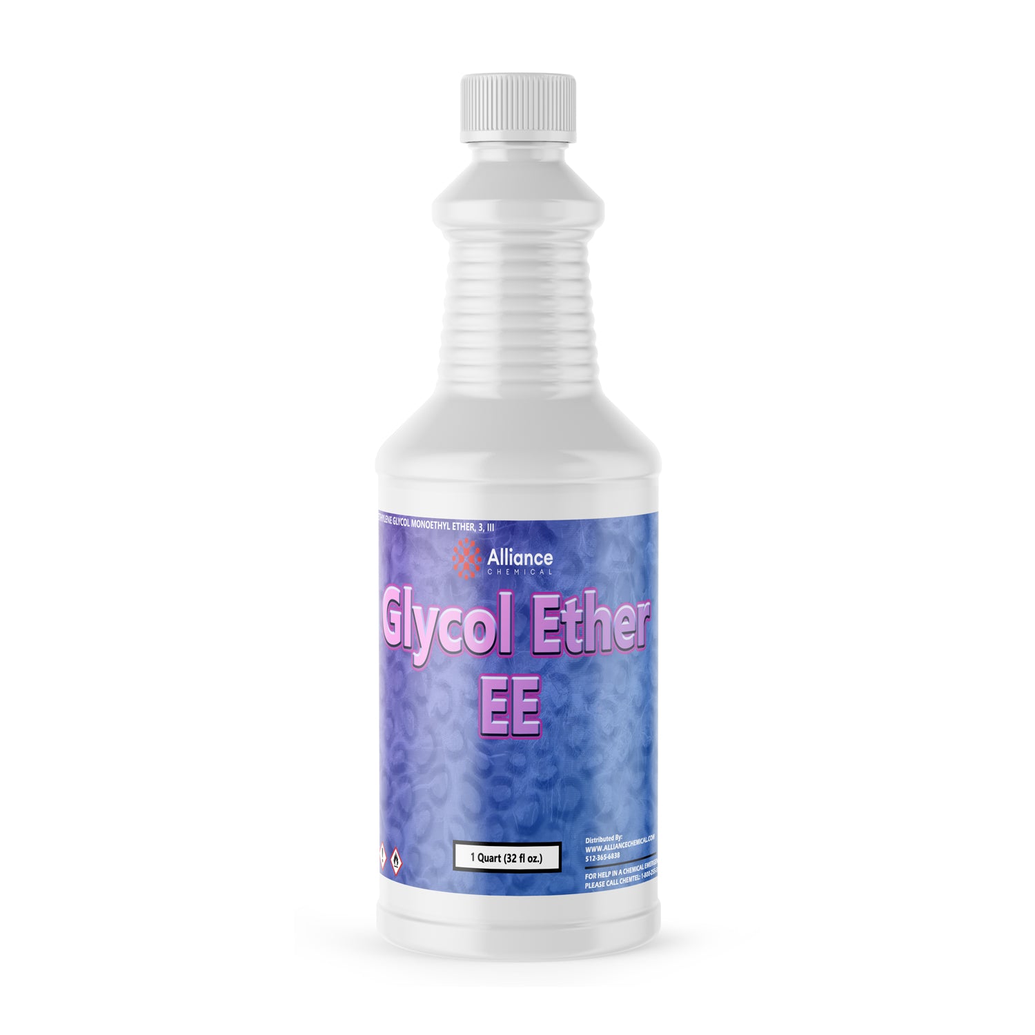 1-quart white HDPE bottle of Alliance Chemical Glycol Ether EE solvent with flammability warning symbol on purple-blue gradient label.