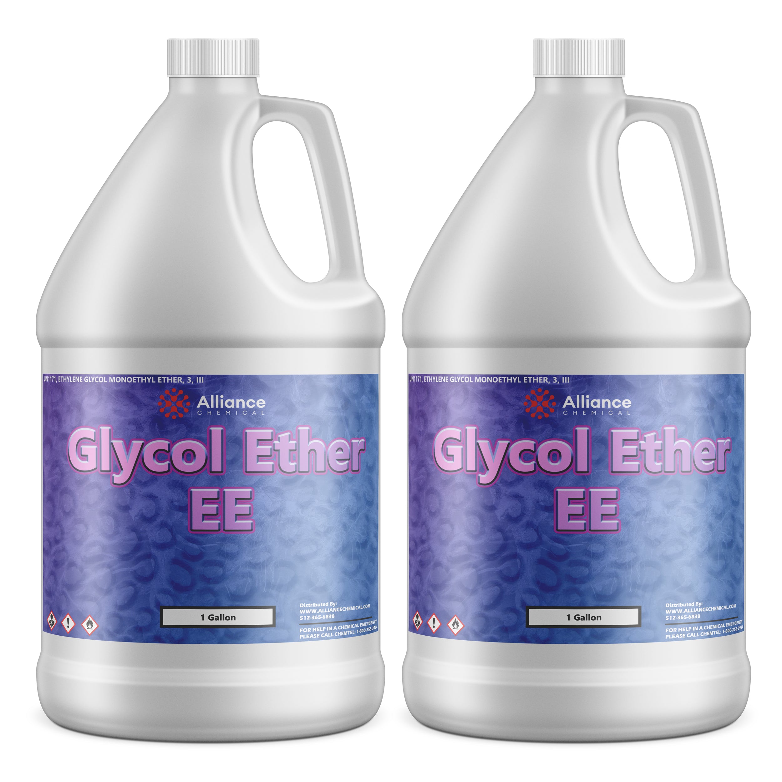 1-gallon white HDPE jugs of Alliance Chemical Glycol Ether EE solvent with purple labeling, GHS hazard diamonds, and ribbed screw caps.