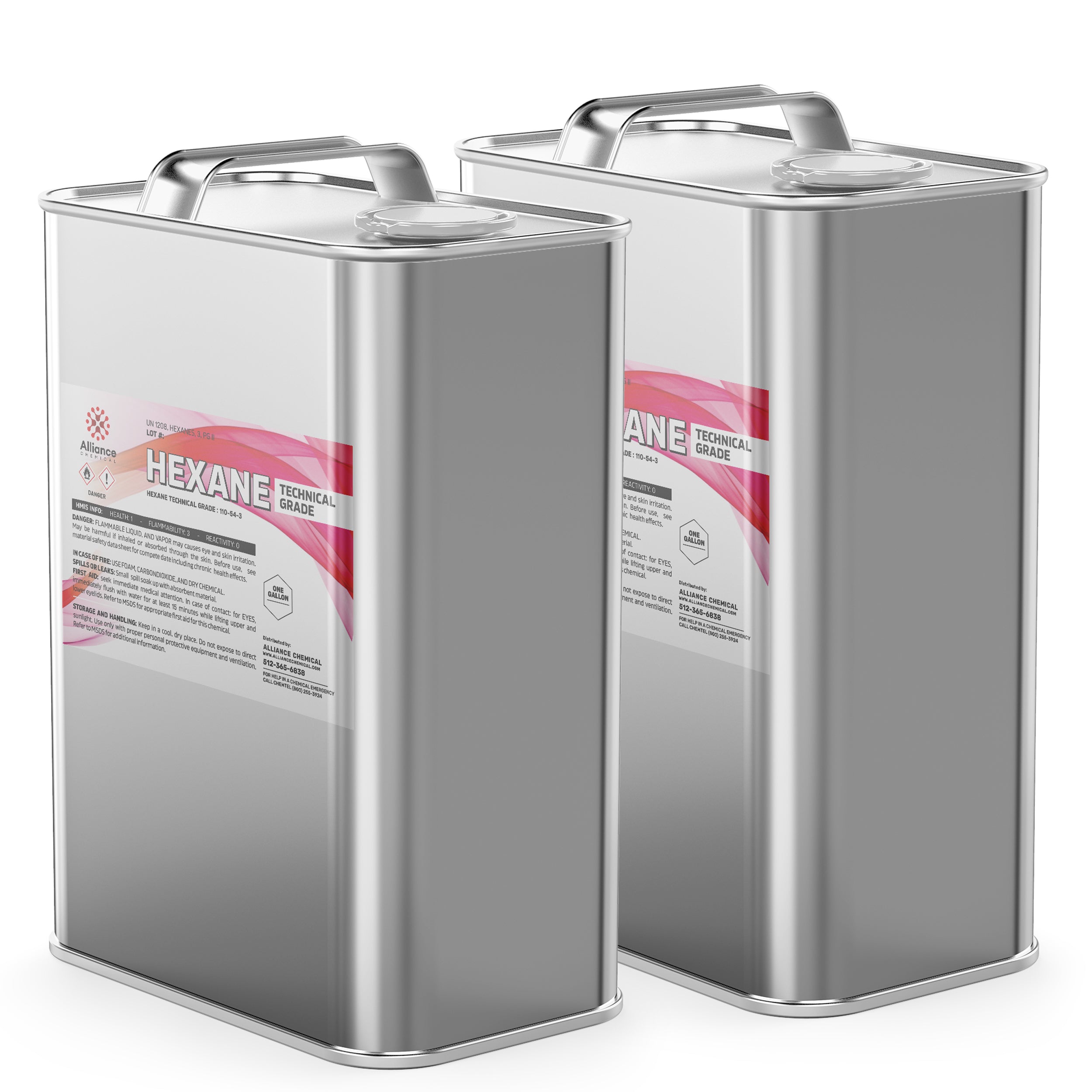2-gallon silver metal cans of technical-grade hexane solvent with pink label, hazard warnings, and carrying handle - Alliance Chemical industrial product.