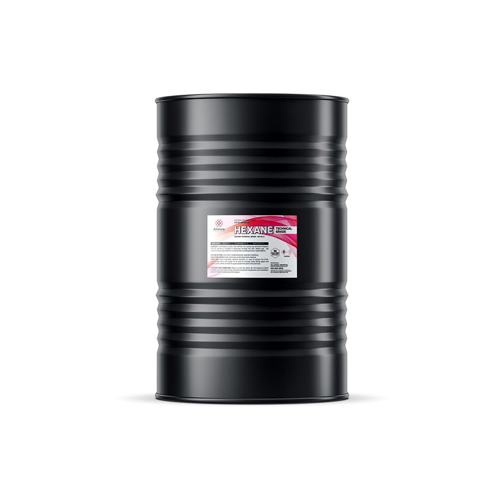 55-gallon black steel drum of technical-grade hexane solvent with industrial chemical label, ribbed sidewalls, and sealed lid for laboratory use.