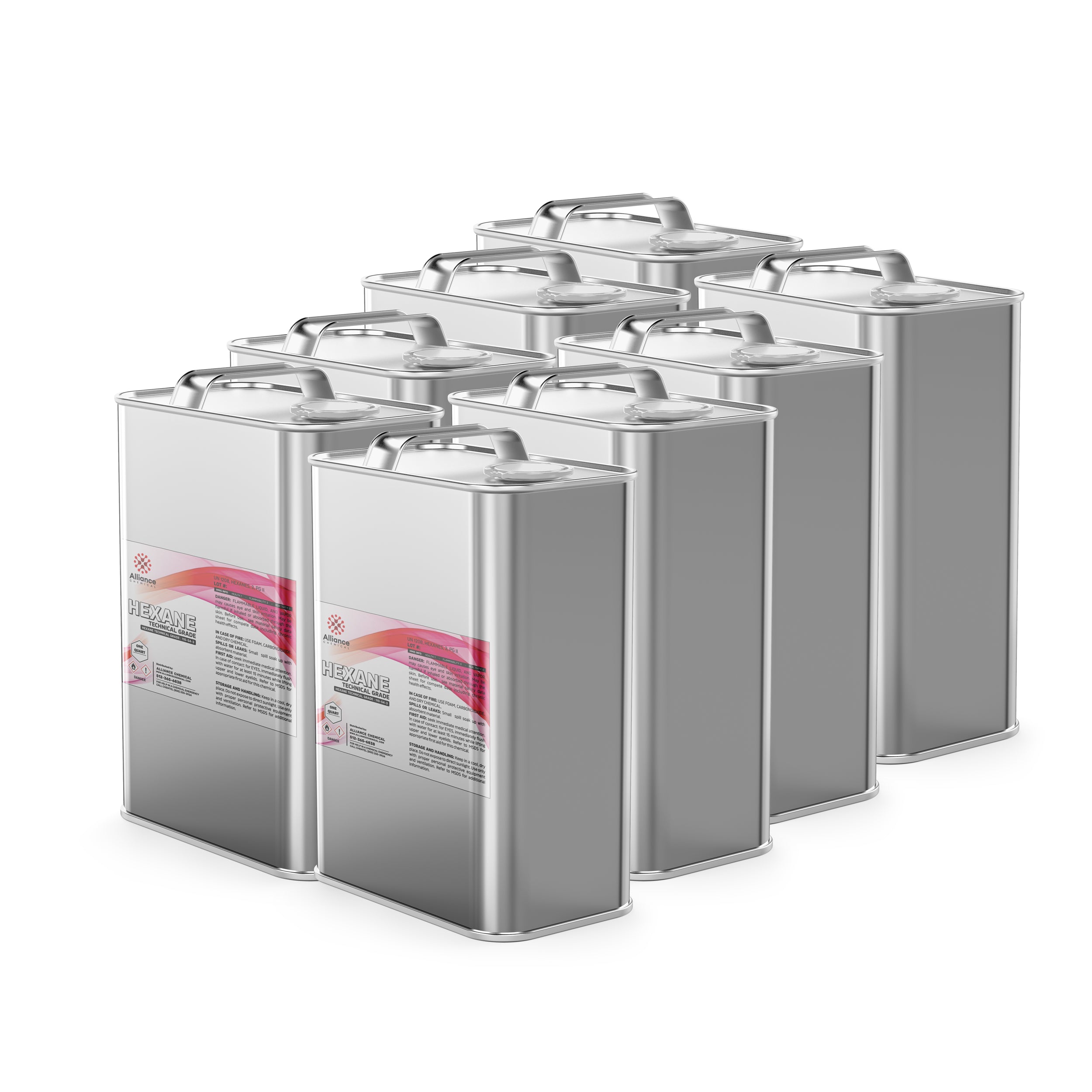8x1-quart metal cans of technical-grade hexane solvent in silver rectangular containers with red-labeled warning symbols and secure handles.