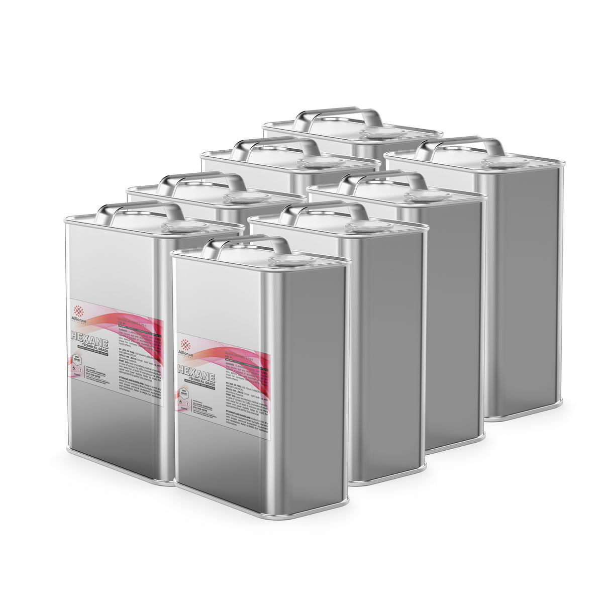 Nine steel jugs of Alliance Chemical Hexane Technical Grade with labels and metal handles on top.