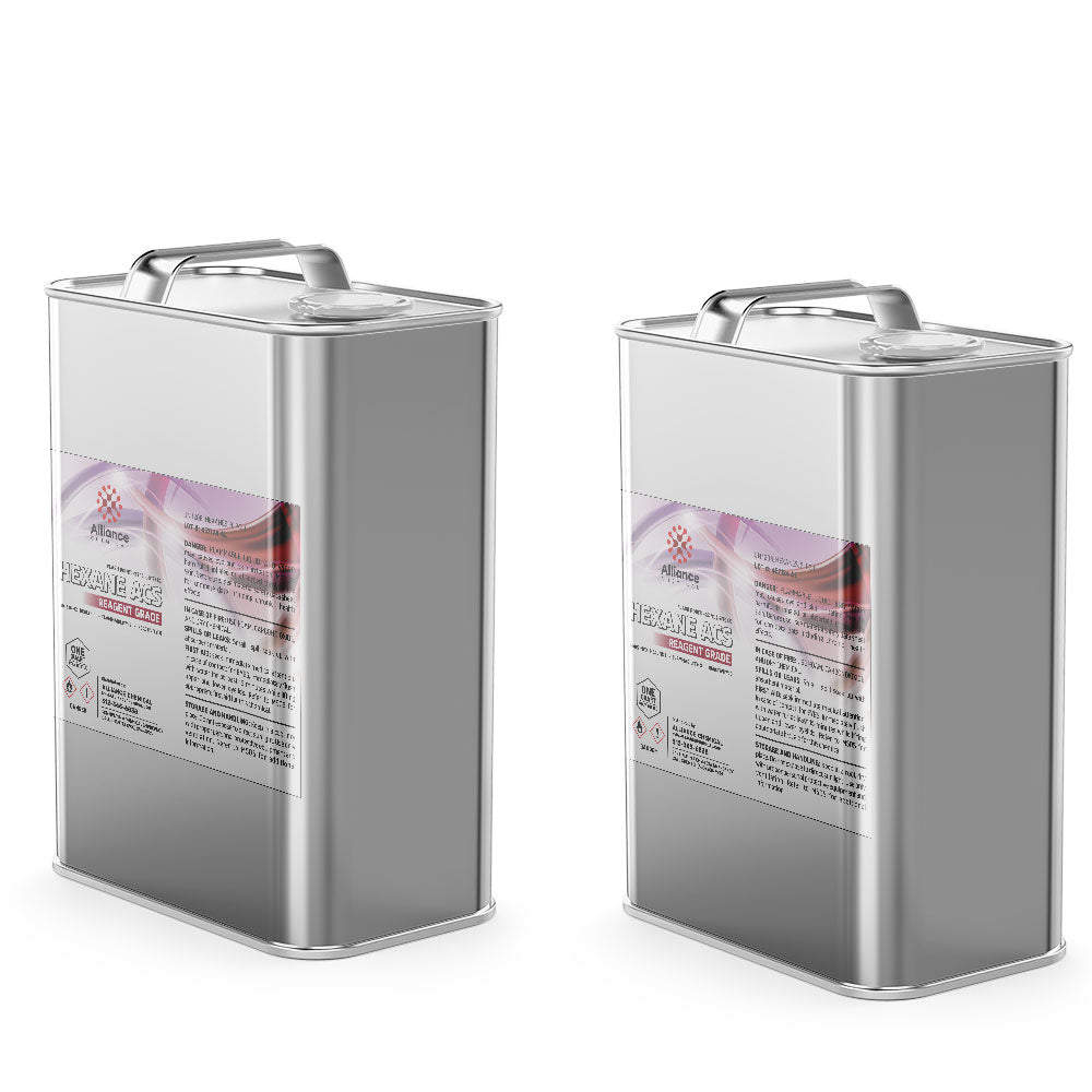 Two steel 5-gallon pails of Alliance Chemical Hexane ACS Reagent Grade with metal handles and product labels.