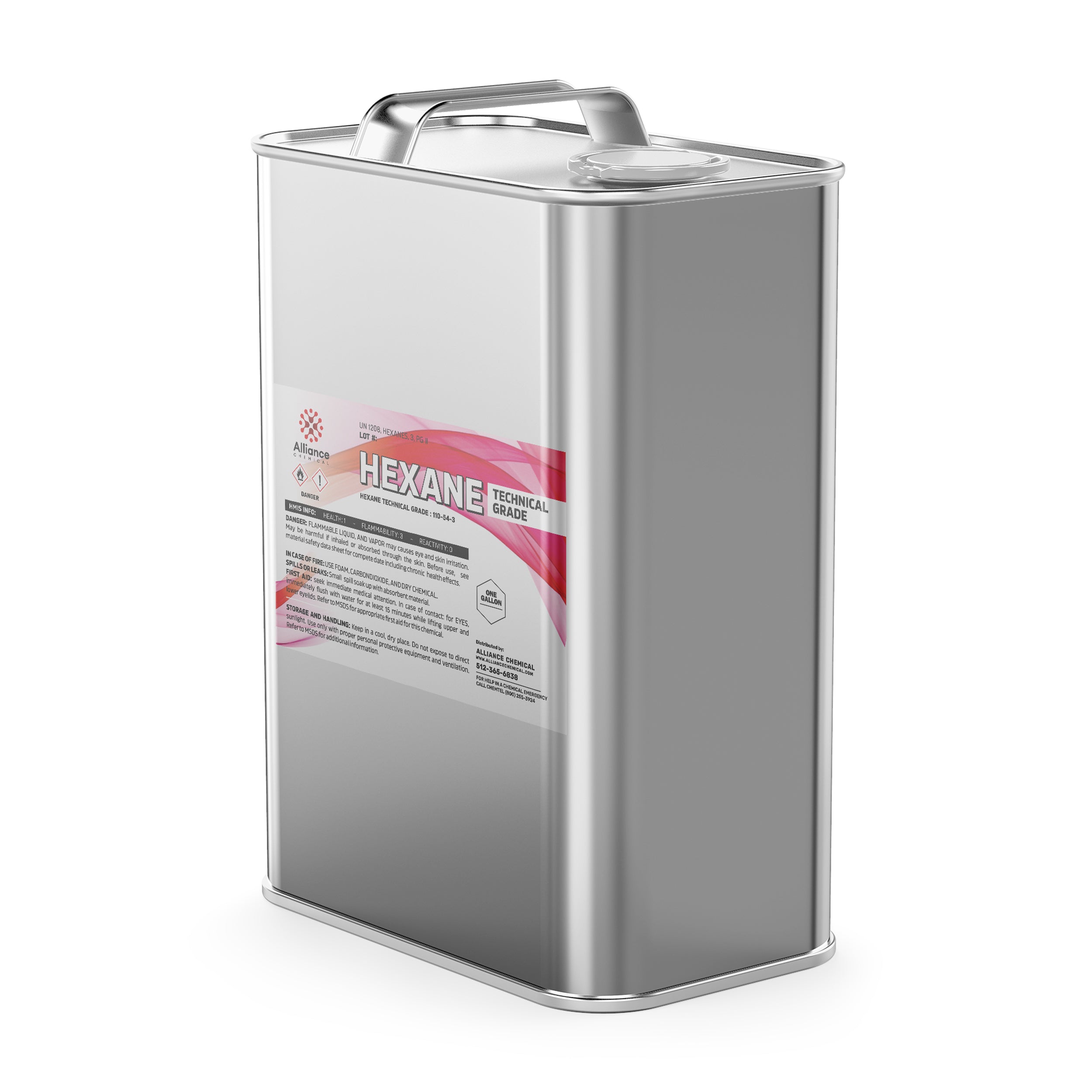 One-gallon metal canister of technical-grade hexane solvent with pink label, hazard symbols, Alliance Chemical branding, and industrial safety warnings on brushed aluminum container.