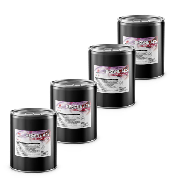 Alliance Chemical 4x5-gallon steel drums of Hexane ACS Reagent Grades, displaying GHS hazard labels on black containers