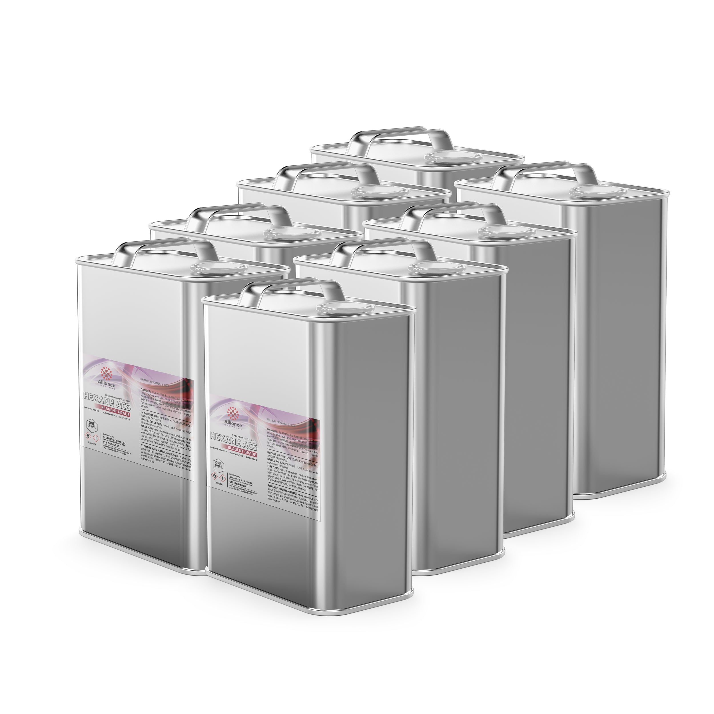 8x1-quart metal cans of ACS reagent-grade hexane solvent in sealed industrial containers with safety labeling and handled lids, arranged in rows.