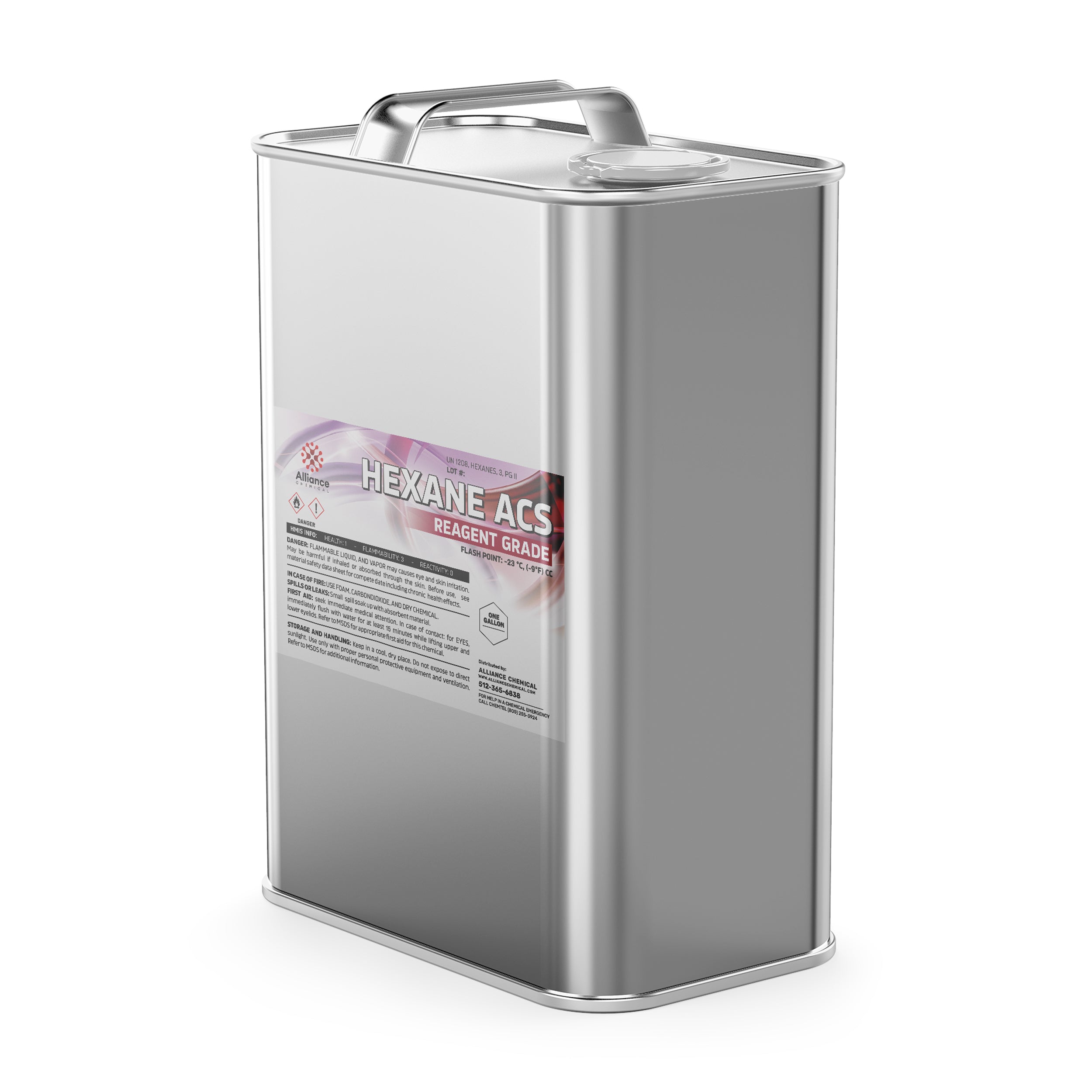 One-gallon metal canister of Hexane ACS Reagent Grade solvent with Alliance Chemical label, hazard warning symbols, and industrial carrying handle.