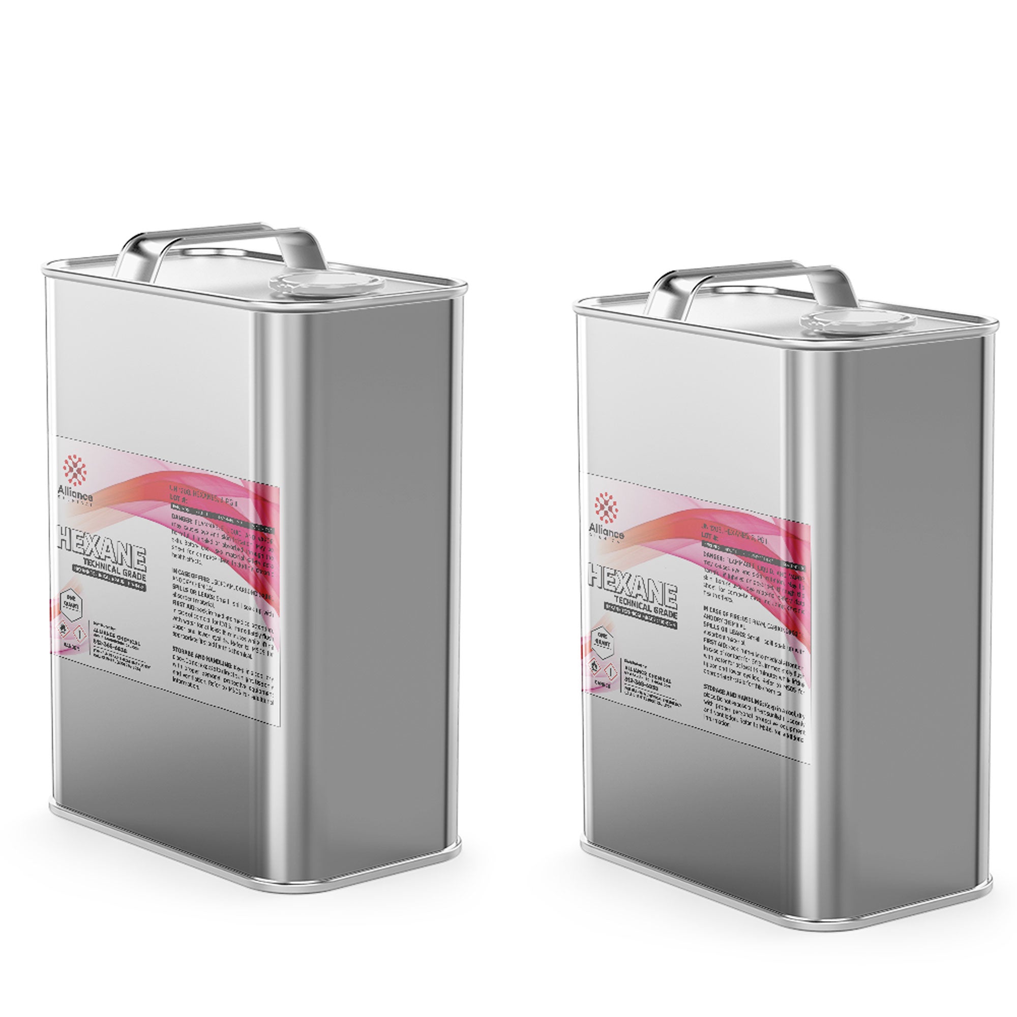 2-quart metal canisters of technical-grade hexane solvent in silver aluminum containers with safety warnings, Alliance Chemical branding, UN1208 marking.