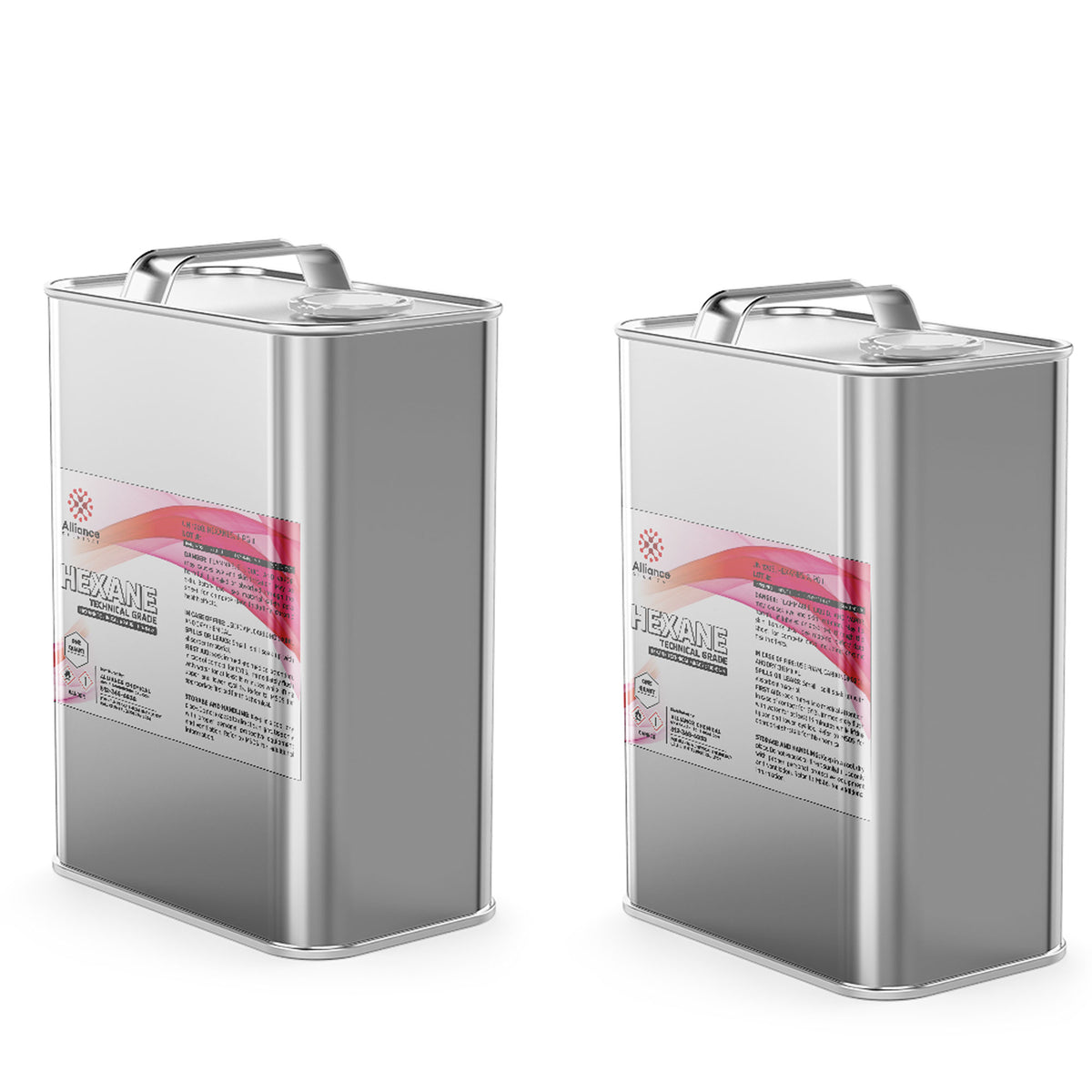Alliance Chemical hexane technical grade in two stainless steel 5-gallon cans with labels