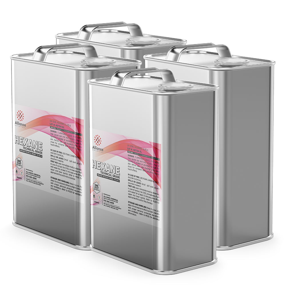 4x1-quart cans of technical-grade hexane solvent in silver metal containers with hazard warning labels, Alliance Chemical industrial packaging.