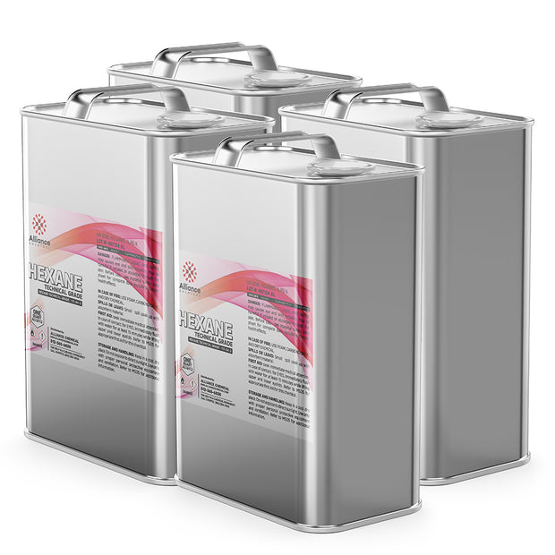 4x1-quart cans of technical-grade hexane solvent in silver metal containers Alliance Chemical industrial packaging
