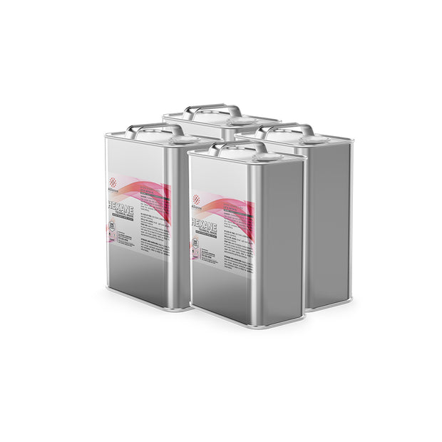 Four steel 1-gallon jugs of Alliance Chemical Hexane ACS Reagent Grade with silver caps and product labels.