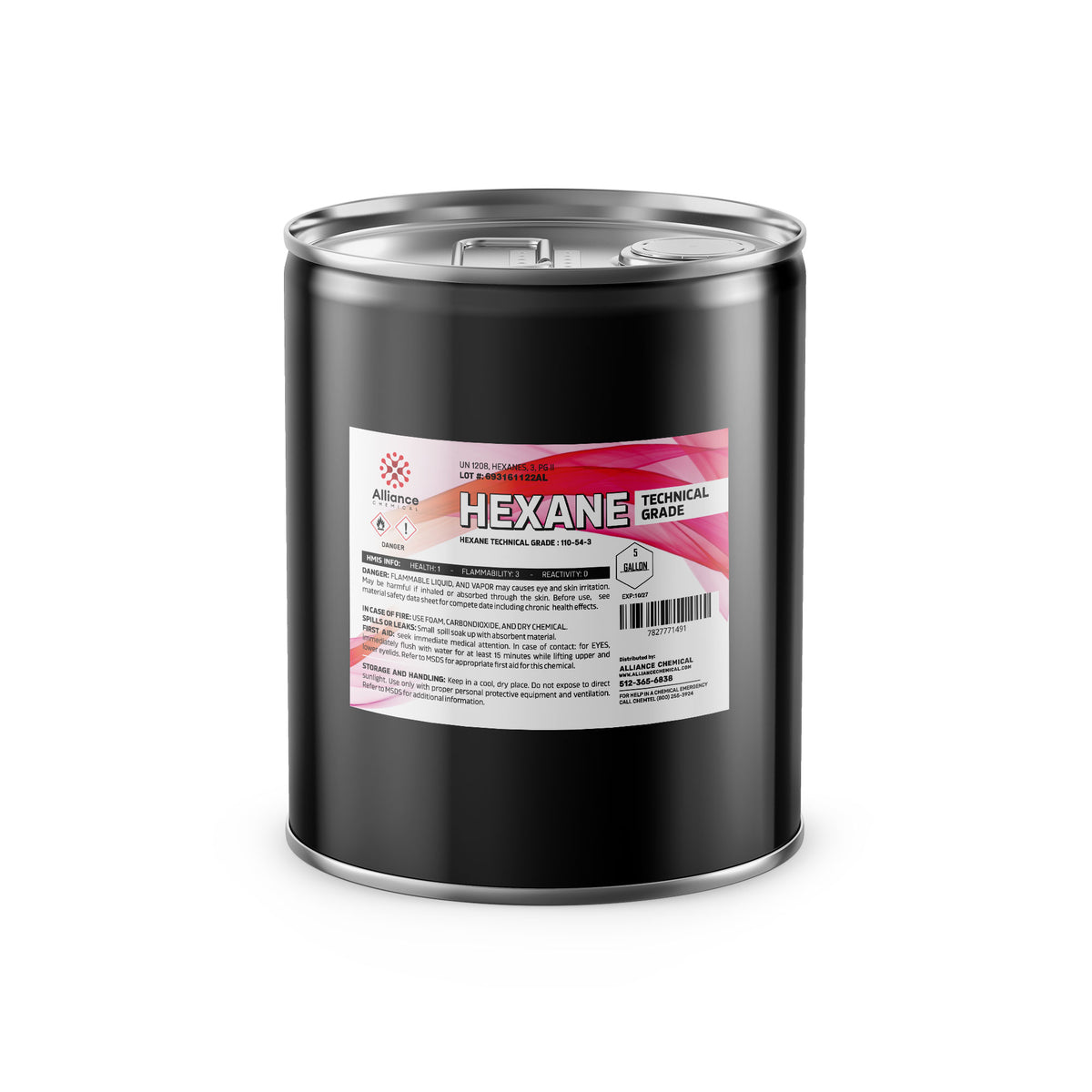 5-gallon black steel drum of technical-grade hexane solvent with flammability/reactivity warnings, Alliance Chemical brand