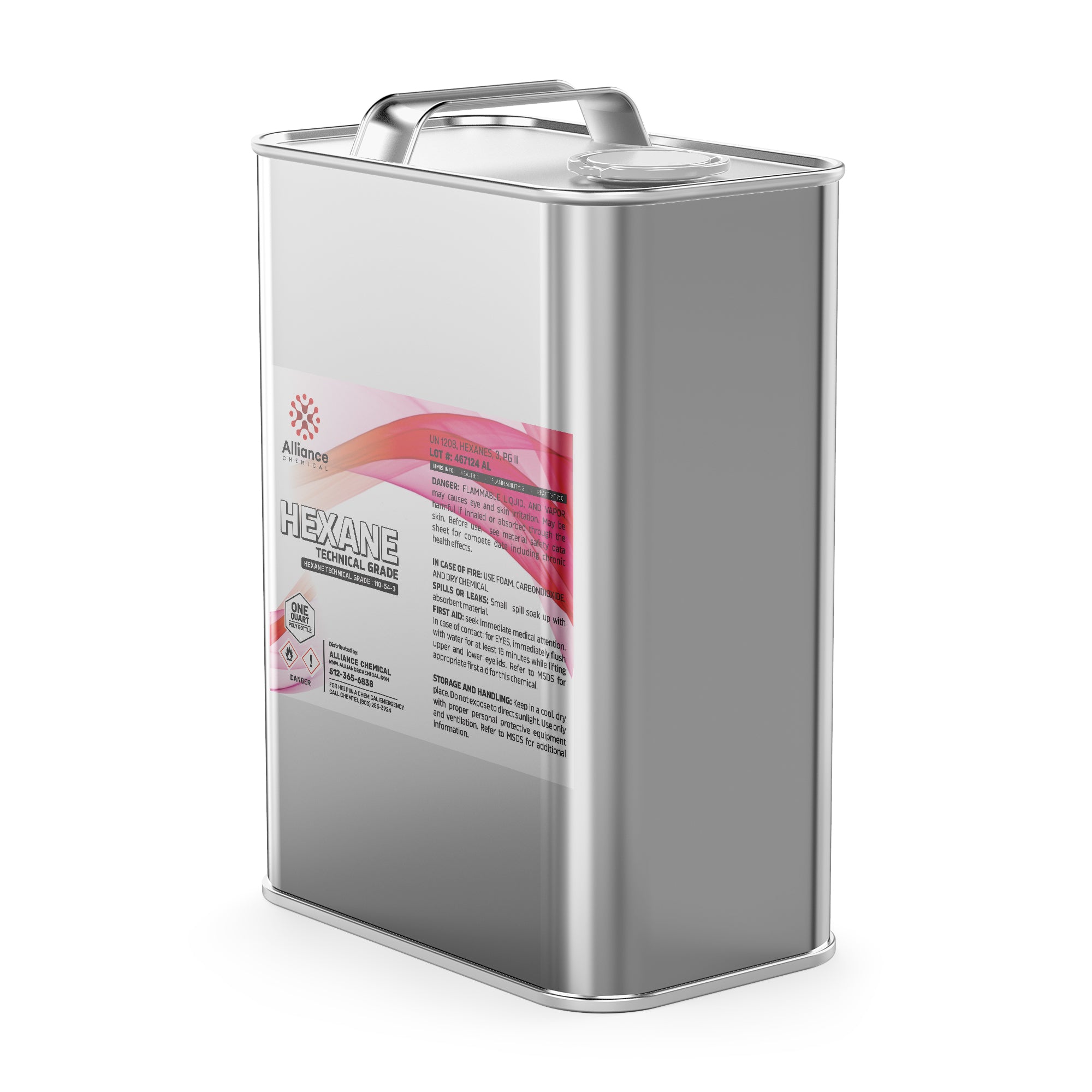 1-quart metal can of technical grade hexane solvent in silver finish, featuring Alliance Chemical labeling, flammable warning symbol, and safety information.