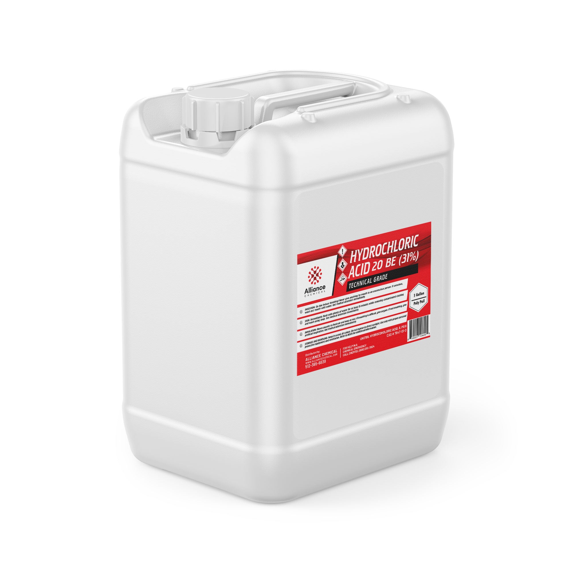 5-gallon white HDPE container of 31% technical-grade hydrochloric acid from Alliance Chemical, featuring red warning label and HMIS safety symbols.
