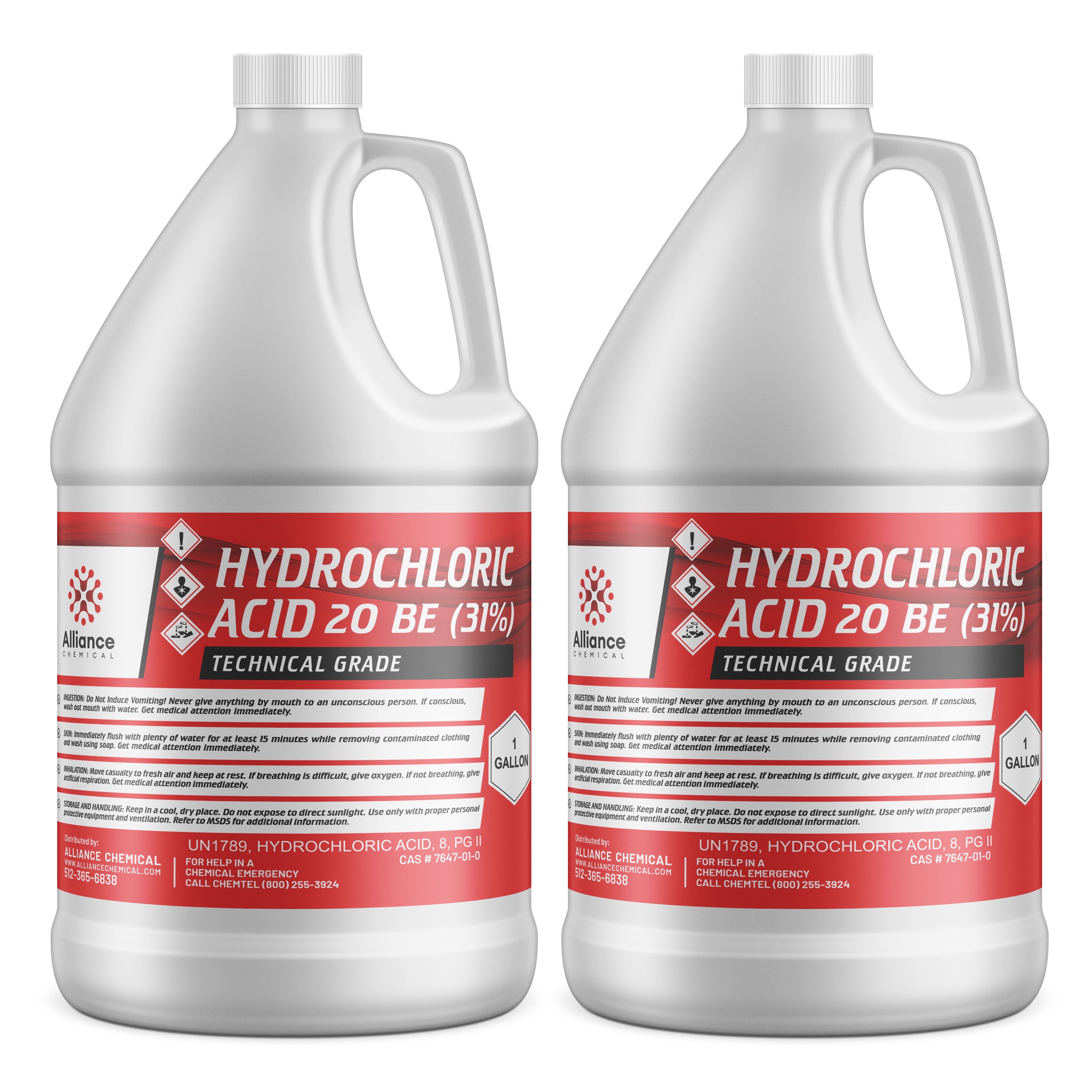 Two 1-gallon jugs of 31% Hydrochloric Acid 20 BE Technical Grade with hazard warning symbols, Alliance Chemical branding, and emergency contact information on red-labeled HDPE containers.