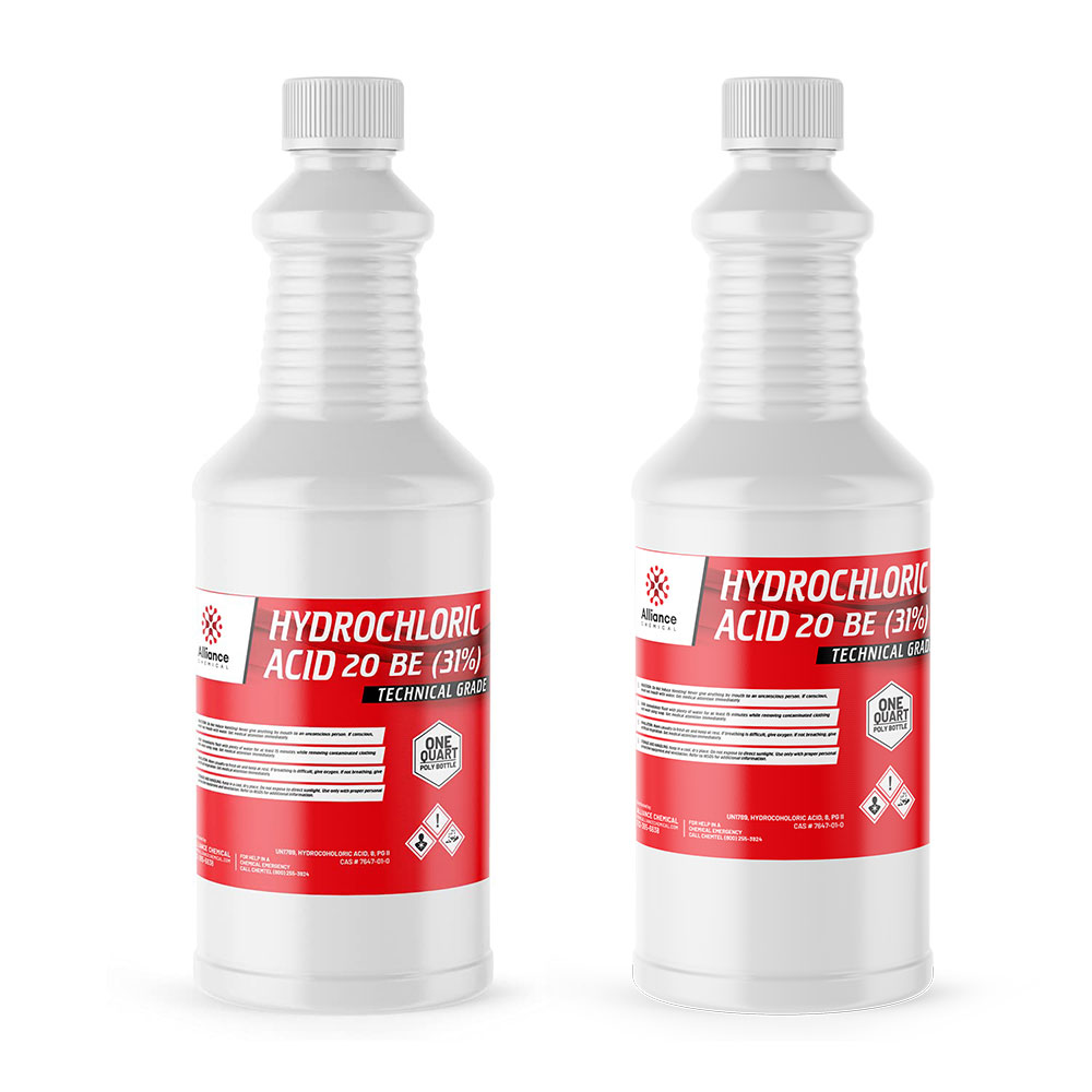 Two 1-quart plastic bottles of Alliance Chemical Hydrochloric Acid 31% Technical Grade with white screw caps and labels