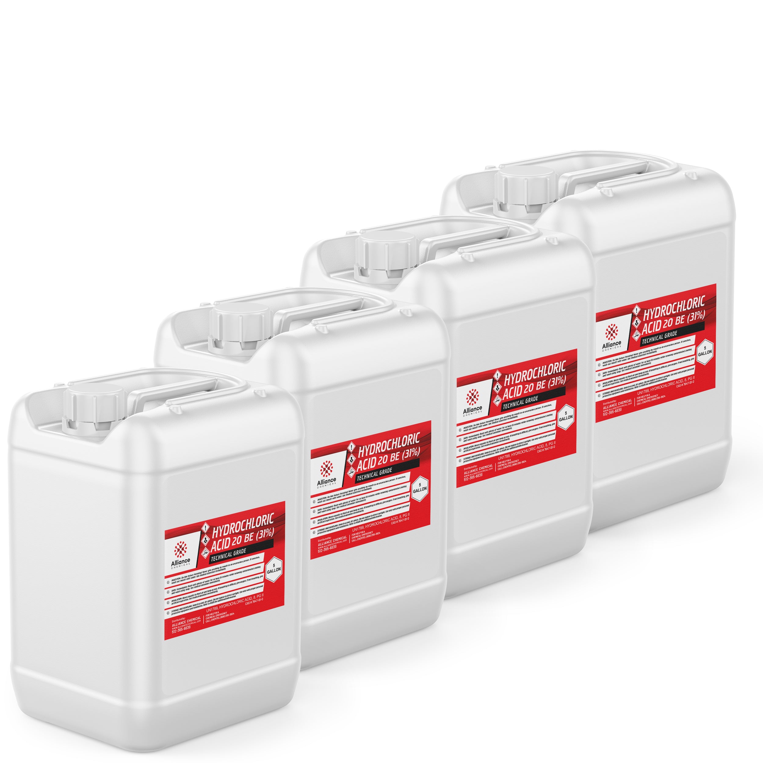 4x5-gallon white HDPE containers of technical-grade hydrochloric acid 20 BE (31%), featuring red hazard labels and secure screw-top closures.