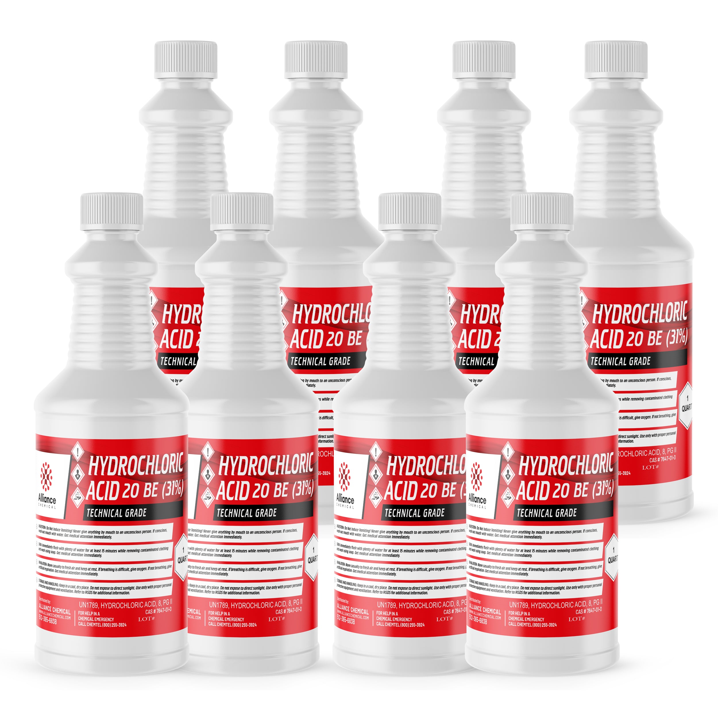 8x1-quart Hydrochloric Acid 20 BE (31%) Technical Grade in white HDPE bottles with red warning labels, UN1789 hazard symbols, corrosive indicator.