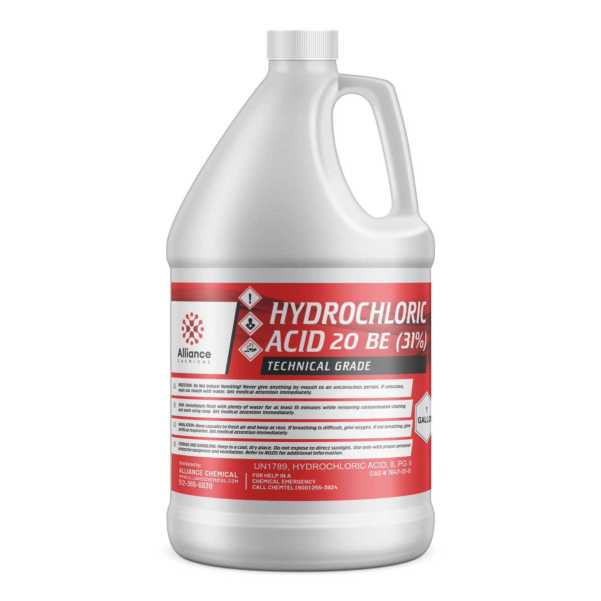 One-gallon HDPE container of 31% Hydrochloric Acid (20 BE) Technical Grade red safety labeling, and Alliance Chemical