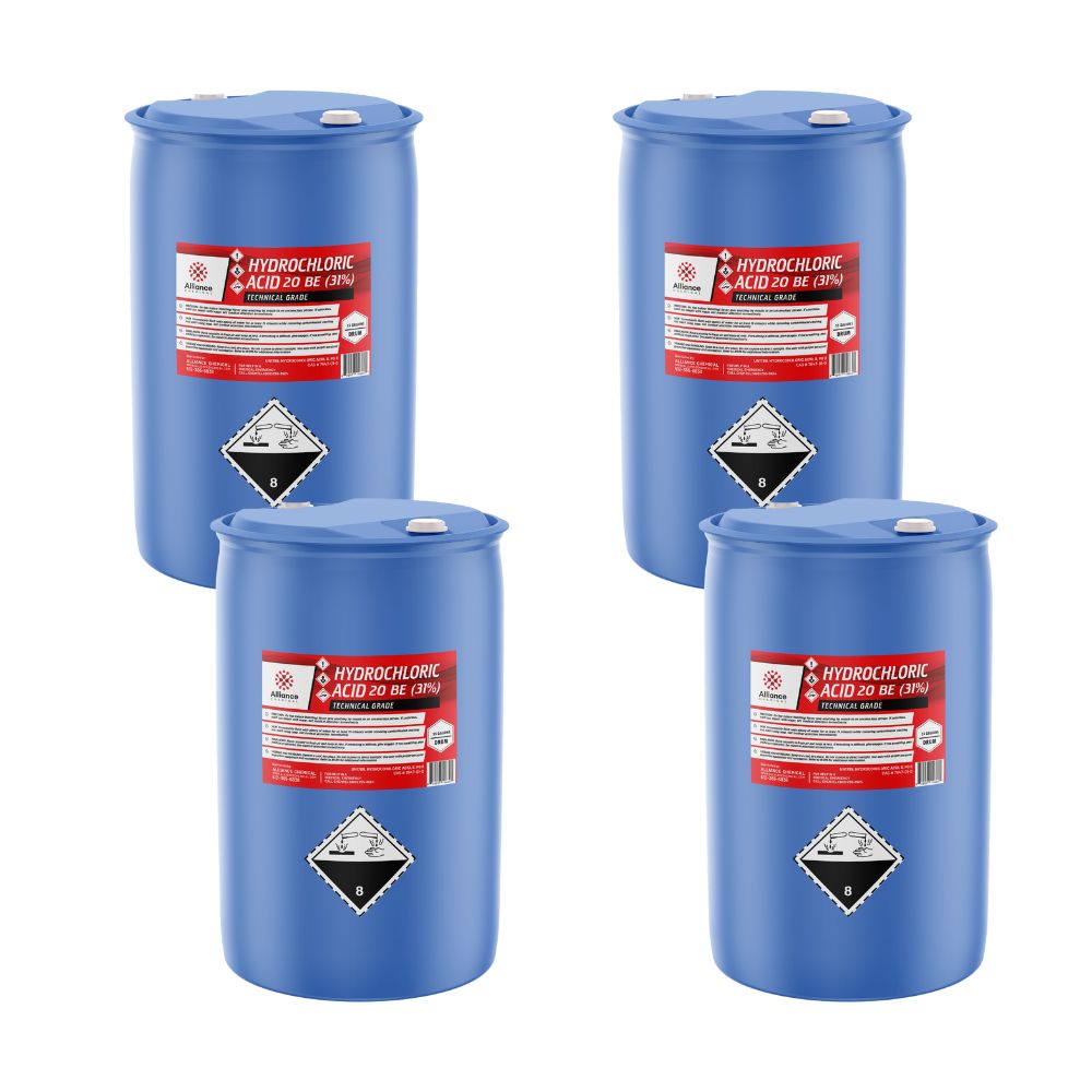4x55-gallon blue HDPE drums of 31% Technical Grade Hydrochloric Acid (20 Bé) with Class 8 Corrosive hazard diamond and safety labels.