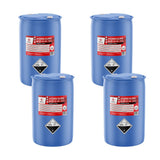 Four 55-gallon blue plastic drums of Alliance Chemical Hydrochloric Acid 31% Technical Grade with labels.