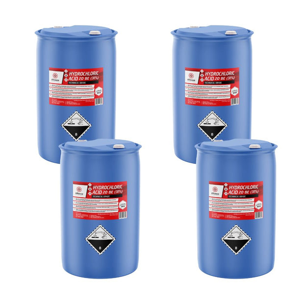 Four 55-gallon blue plastic drums of Alliance Chemical Hydrochloric Acid 31% Technical Grade with labels.