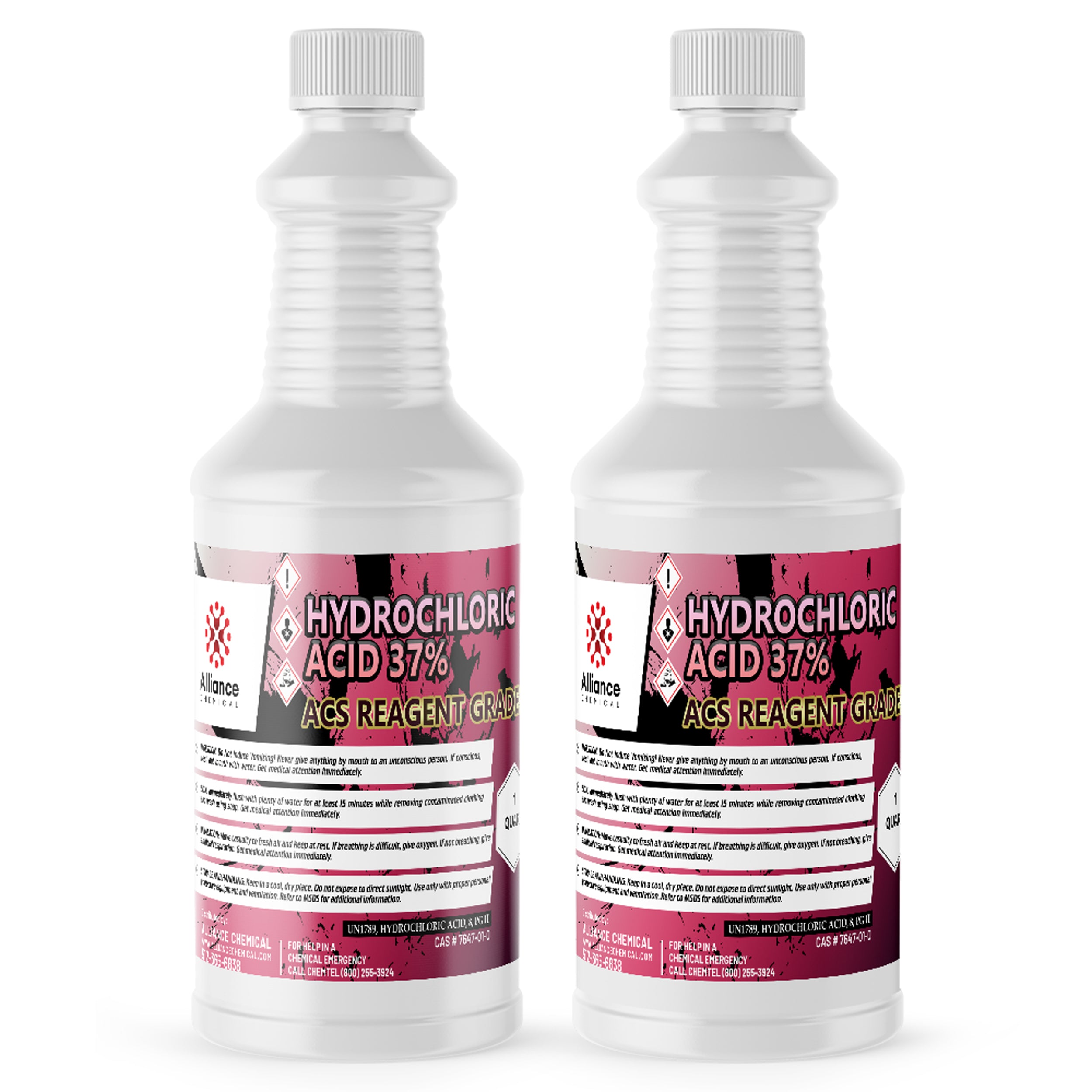 Two 2-quart bottles of 37% Hydrochloric Acid ACS Reagent Grade with hazard warning labels, ribbed white HDPE containers, and Alliance Chemical branding.