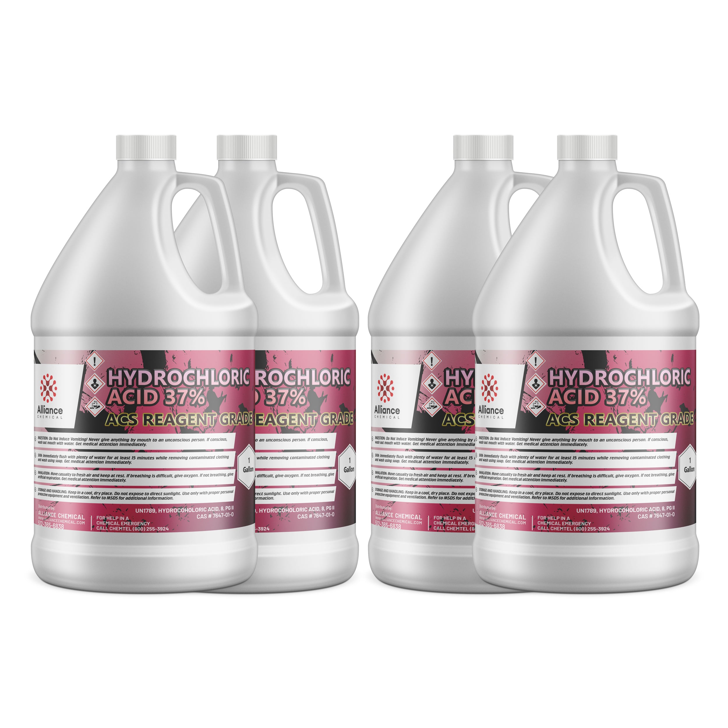 4x1-gallon Hydrochloric Acid 37% ACS Reagent Grade in white HDPE containers with corrosive/toxic hazard symbols, pink warning labels, Alliance Chemical.