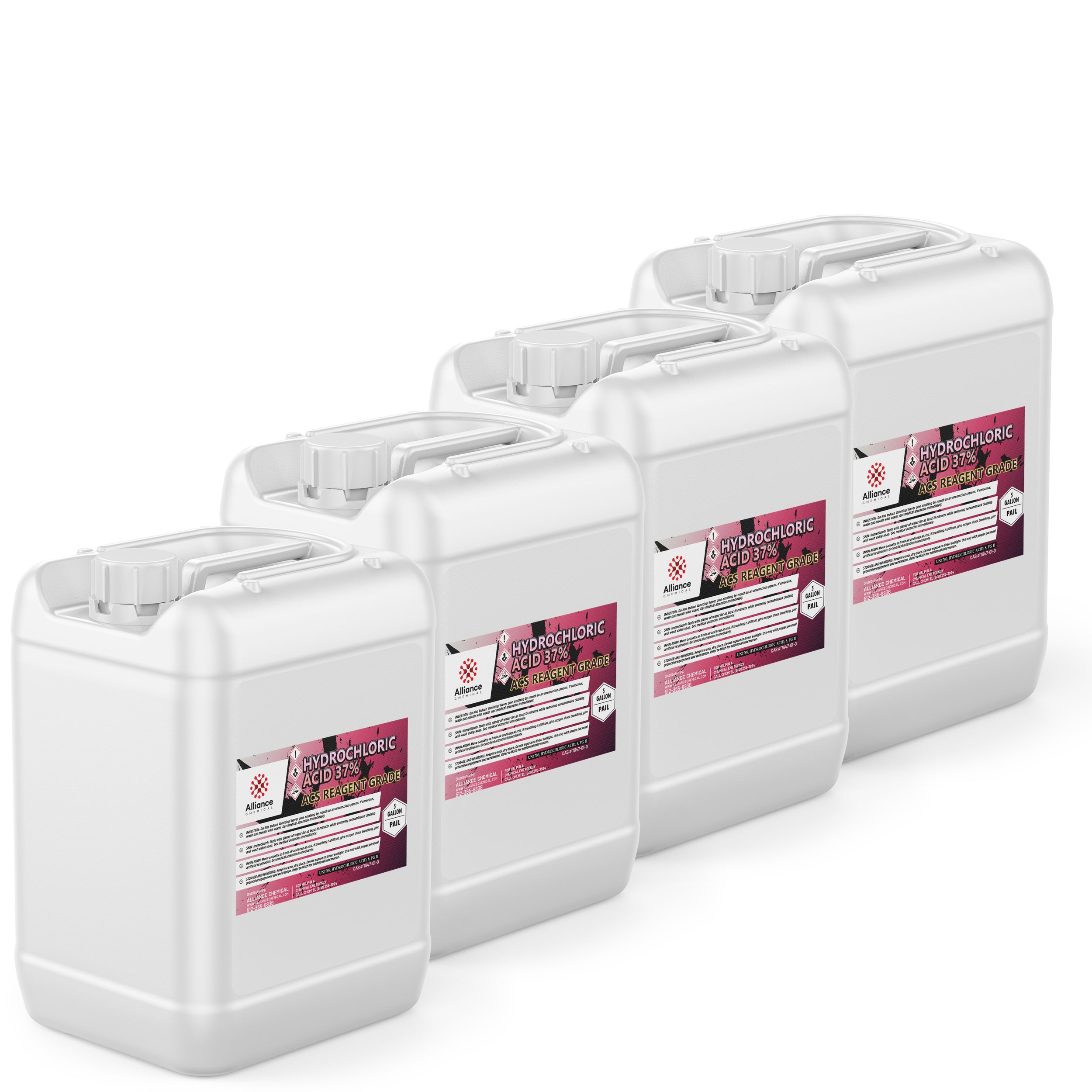 4x5-gallon HDPE containers of 37% ACS Reagent Grade Hydrochloric Acid in white jugs with corrosive hazard labels and secure screw caps.