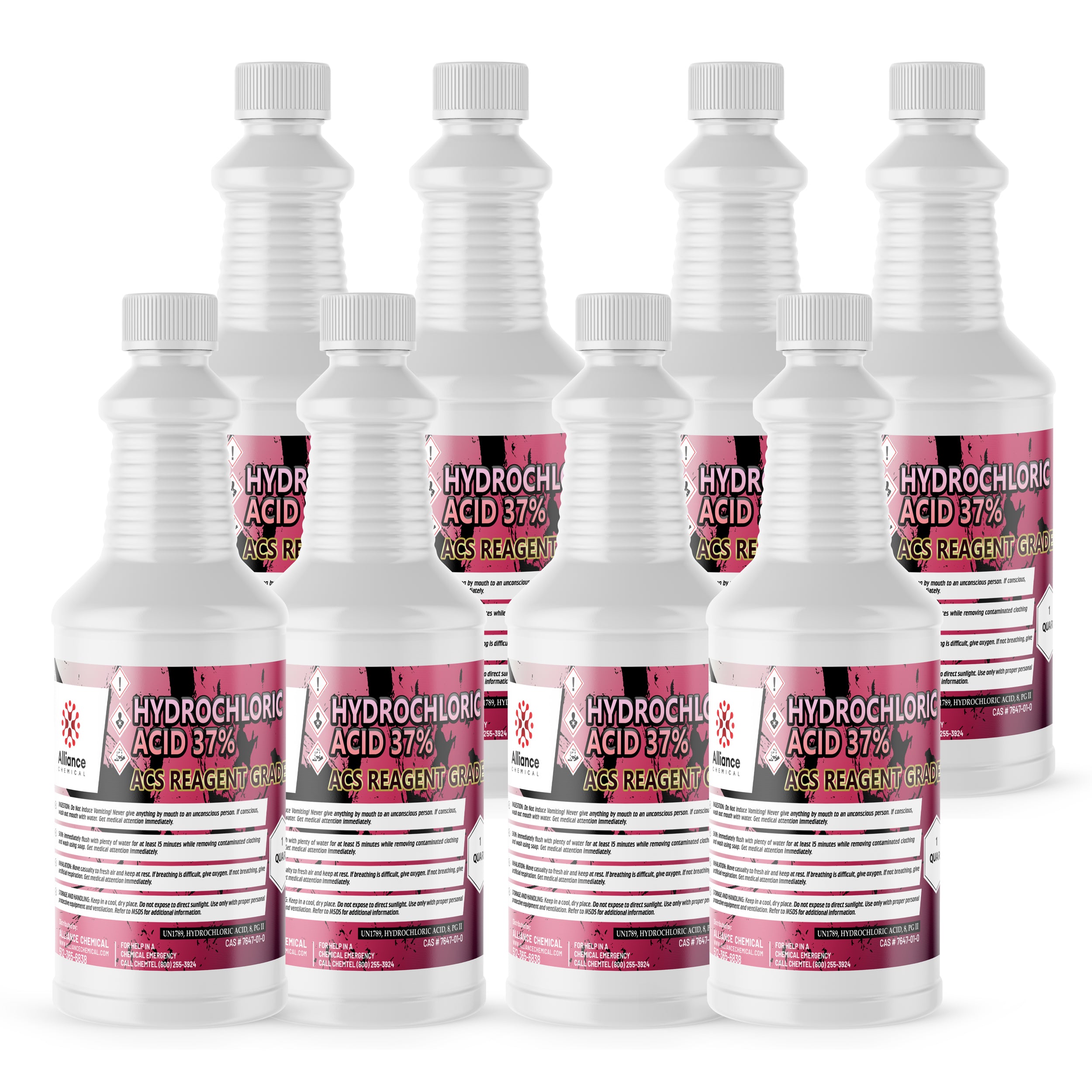 8x1 quart bottles of 37% Hydrochloric Acid (ACS Reagent Grade) in white HDPE containers with corrosive hazard warning labels and pink Alliance Chemical branding.