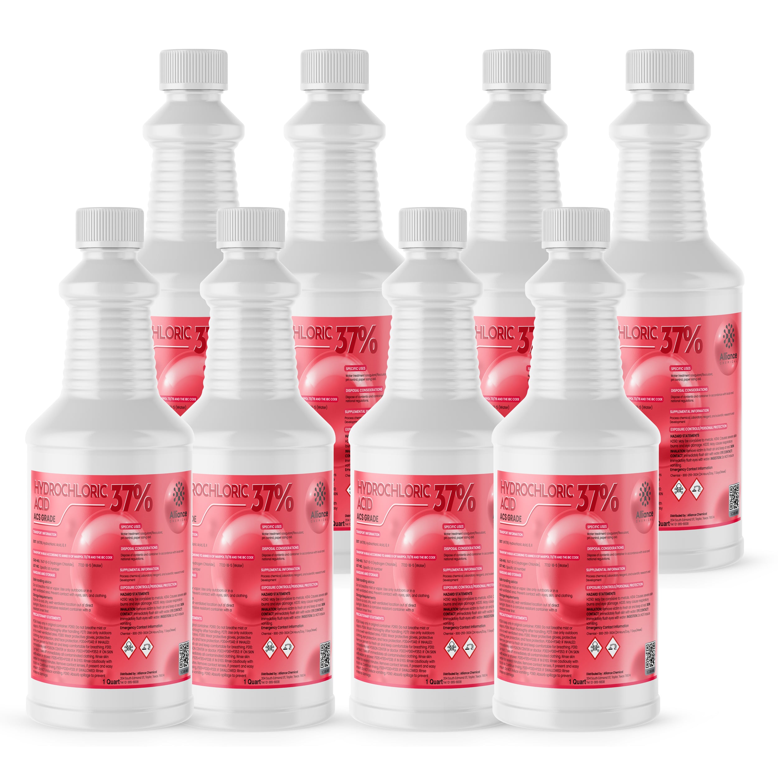 Alliance Chemical hydrochloric acid 37% in white one quart bottle with safety warning label