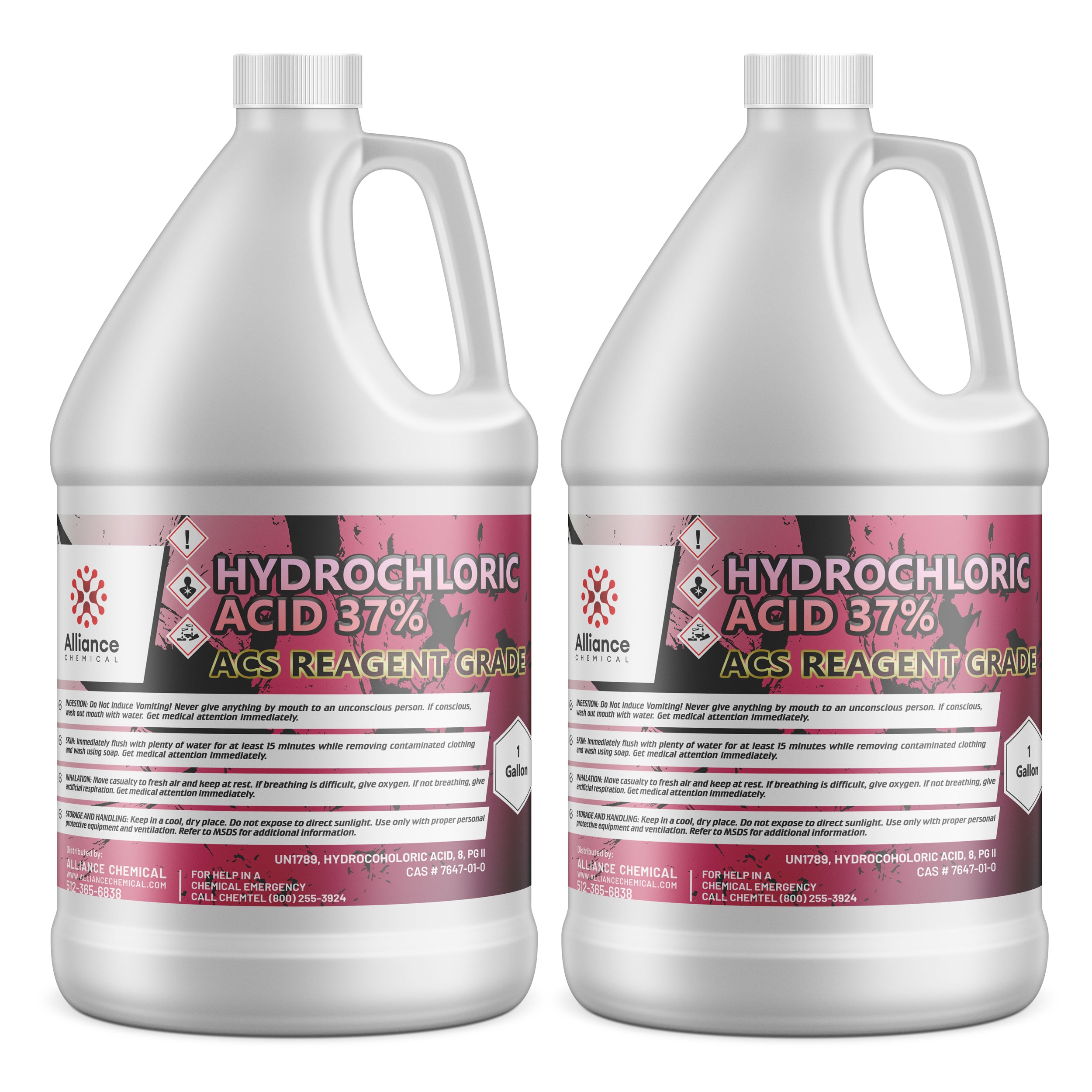 2-gallon HDPE jugs of 37% Hydrochloric Acid (ACS Reagent Grade) with corrosive/toxic hazard diamonds, safety warnings, and Alliance Chemical branding.