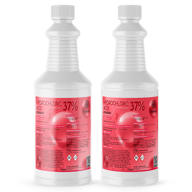 Alliance Chemical hydrochloric acid 37% in clear 1 quart plastic bottle with safety warning labels