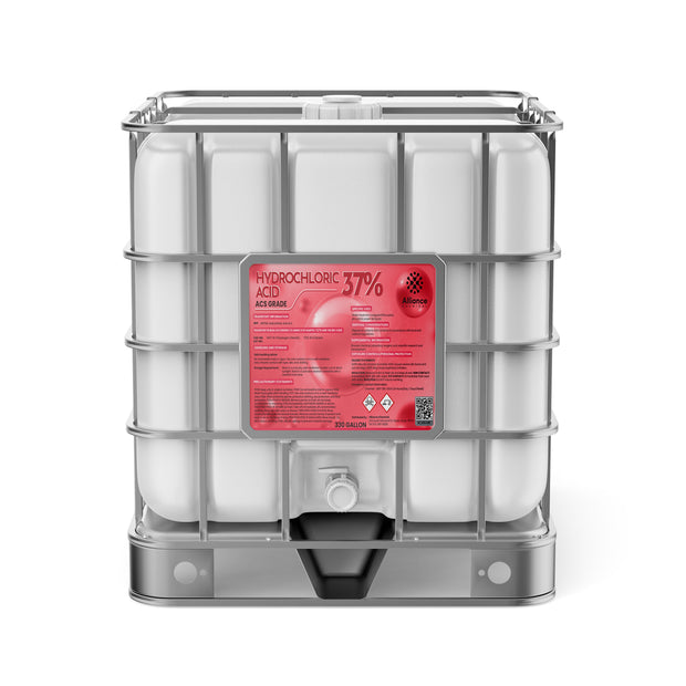 Alliance Chemical Hydrochloric Acid 37% ACS Grade 330-gallon plastic tote with a white cap and a steel cage.