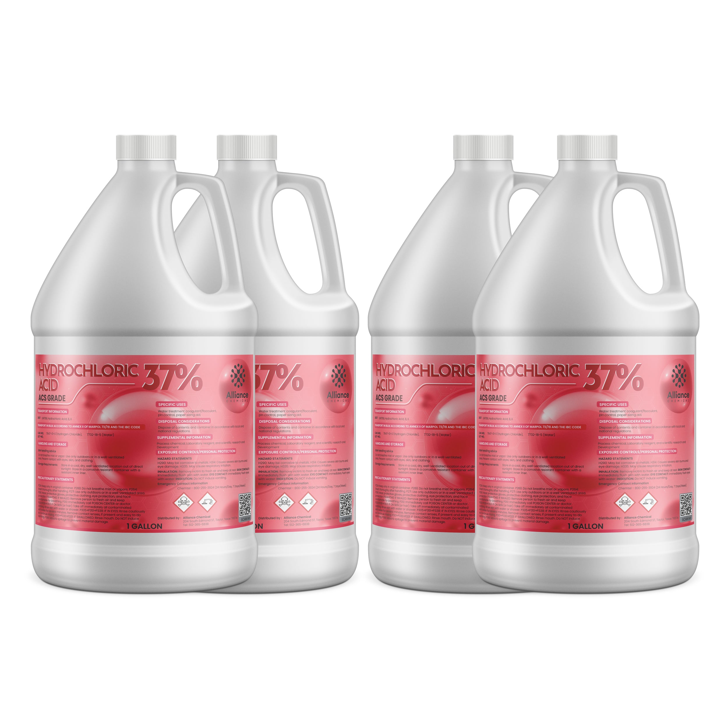 4x1-gallon Alliance Hydrochloric Acid 37% ACS reagent-grade in white HDPE containers with corrosive/toxic hazard symbols, red labels.