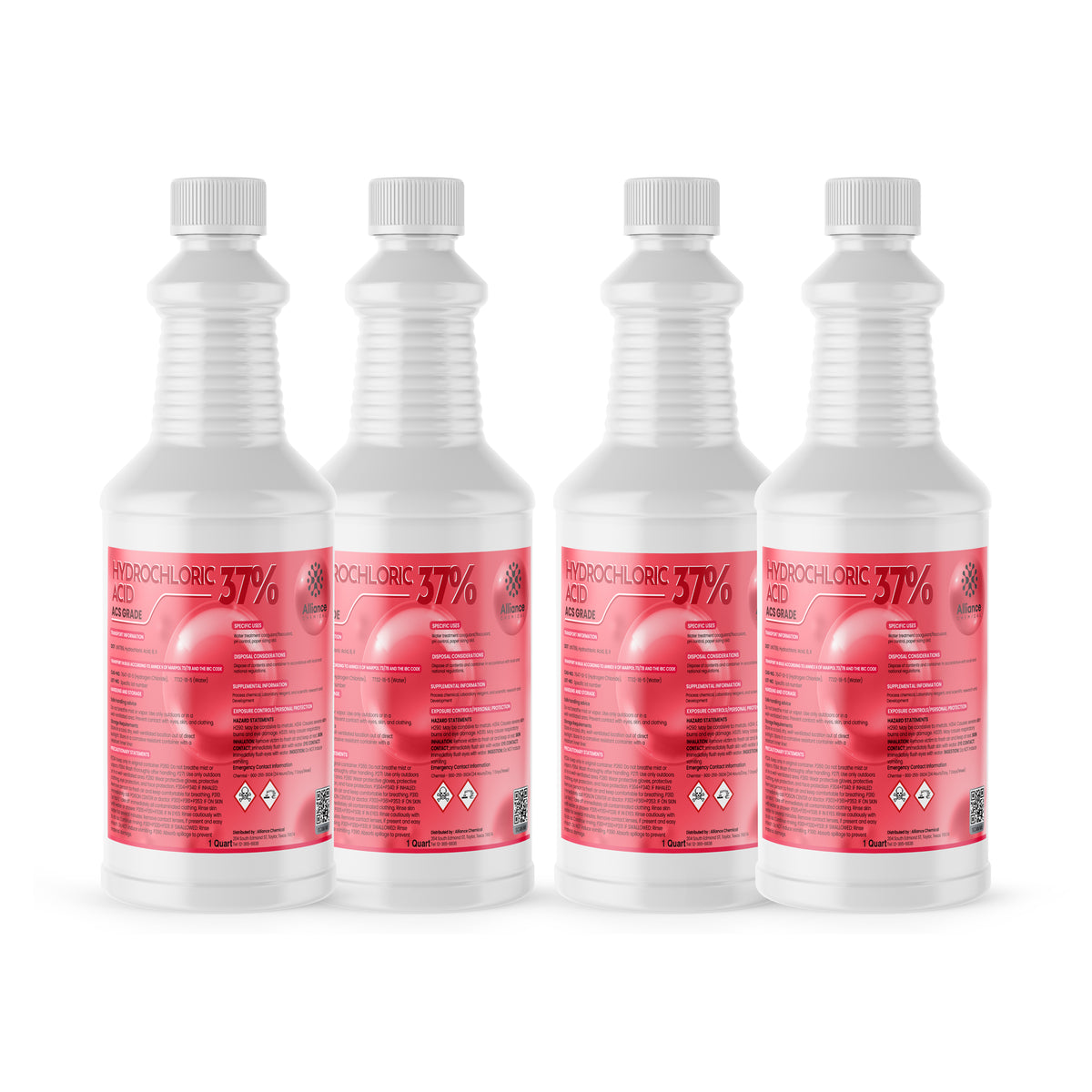 Alliance Chemical hydrochloric acid 37% in clear quart HDPE squeeze bottles with secure white caps