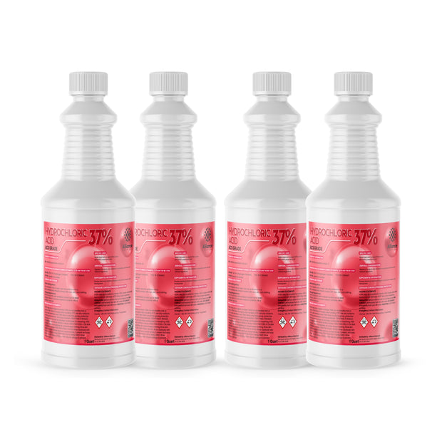 Alliance Chemical hydrochloric acid 37% in clear quart HDPE squeeze bottles with secure white caps