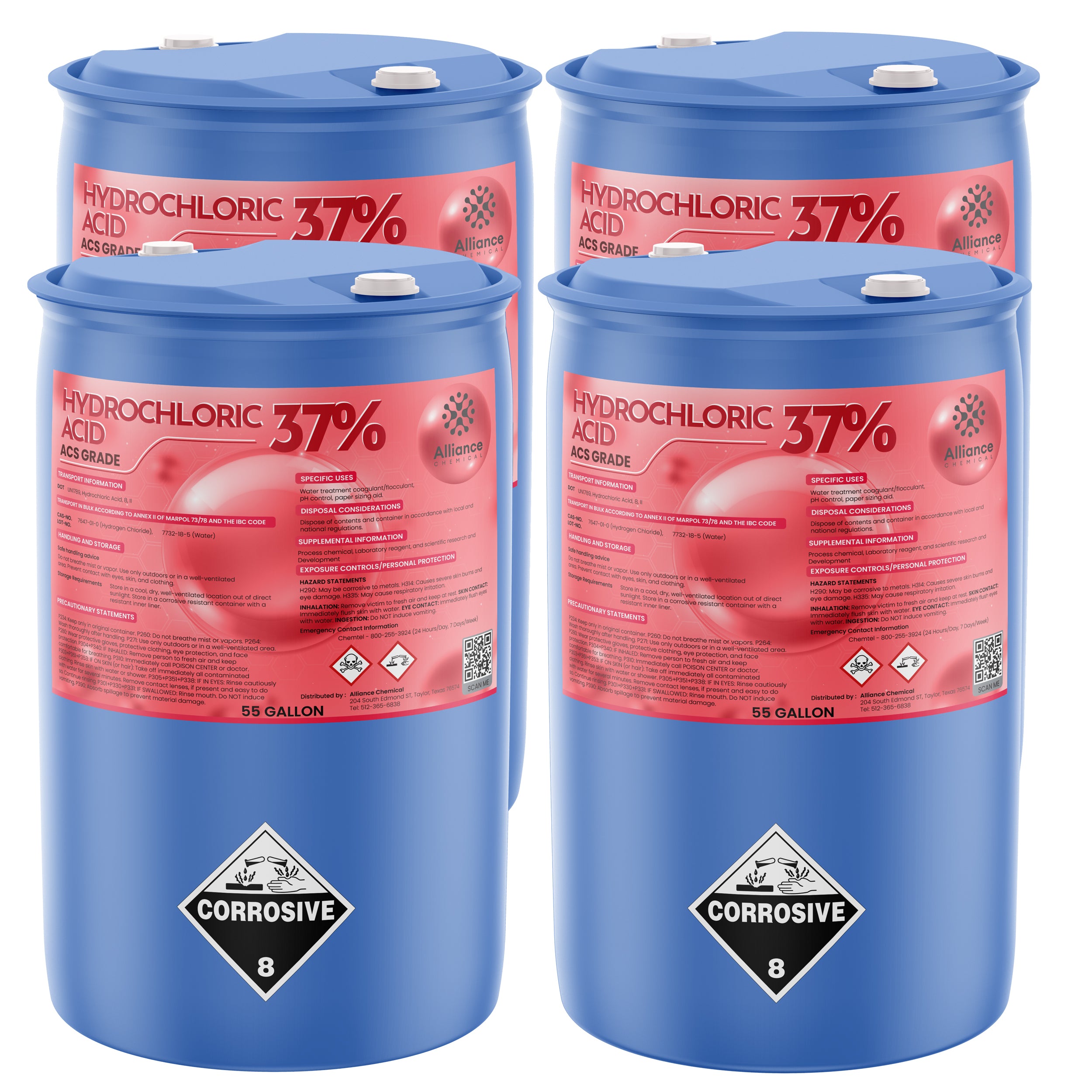Alliance Chemical hydrochloric acid 37% in blue 55-gallon steel drum with corrosive hazard label