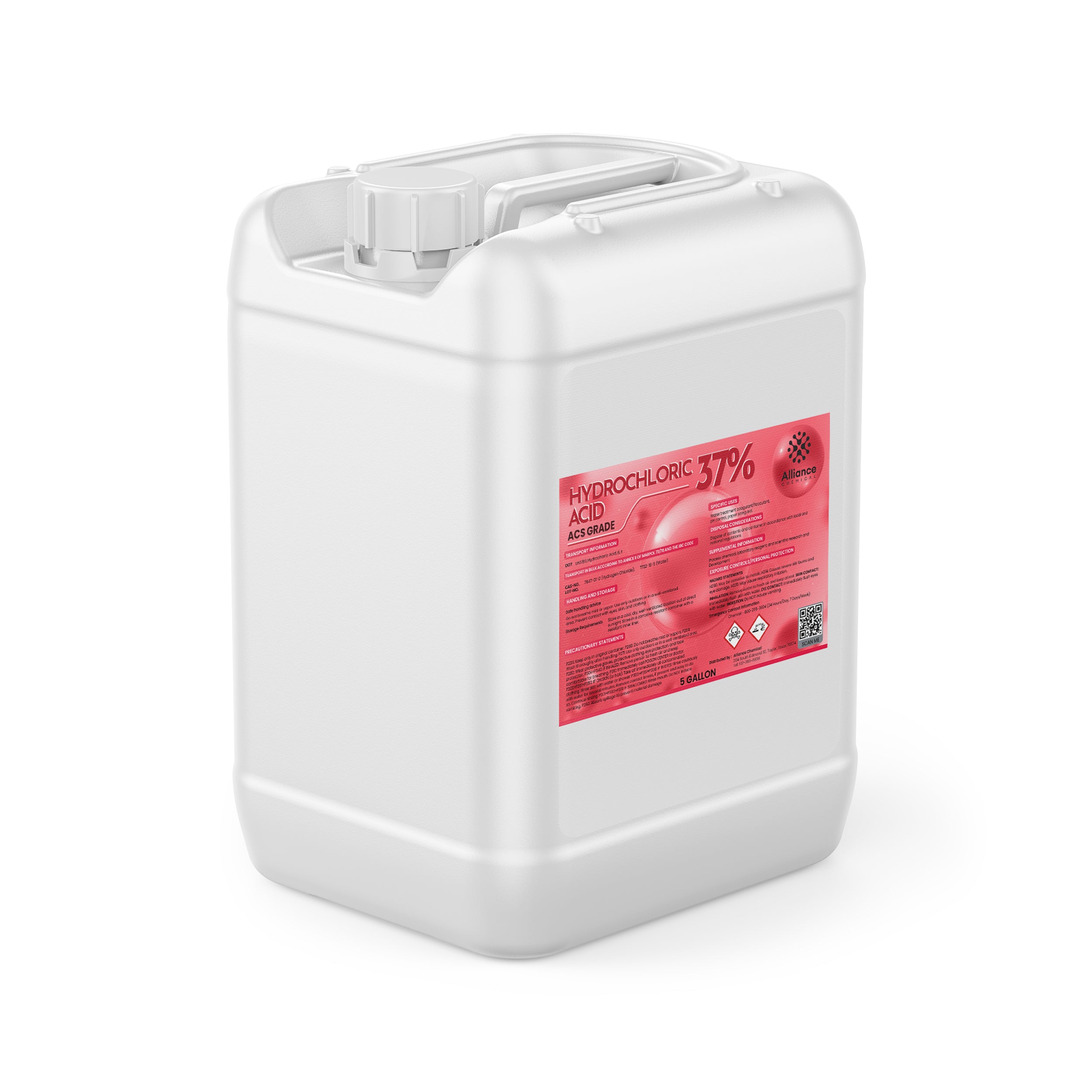 Alliance Chemical hydrochloric acid 37% in white 5-gallon HDPE pail with hazard label