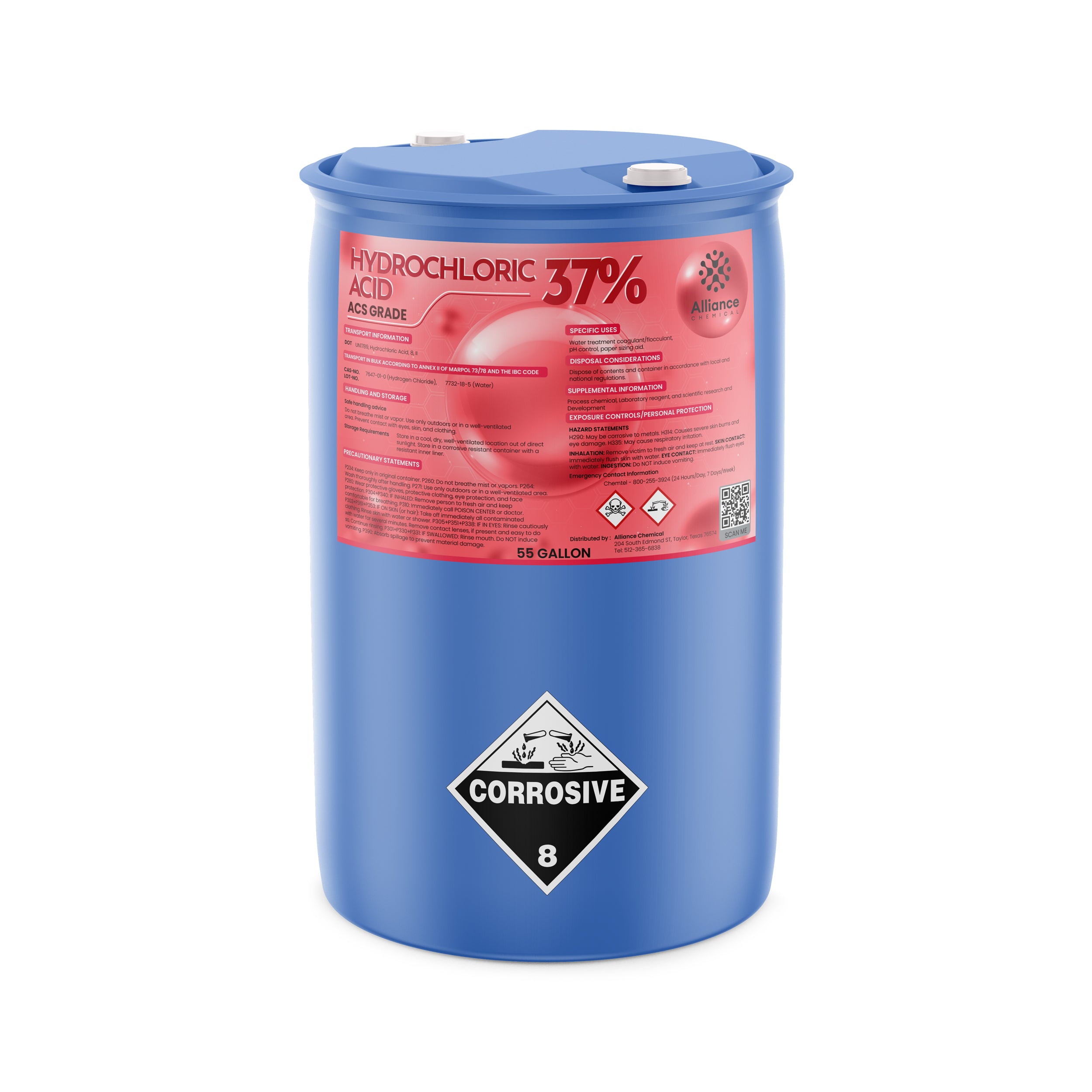Alliance Chemical hydrochloric acid 37% in blue 55-gallon plastic drum with corrosive hazard label
