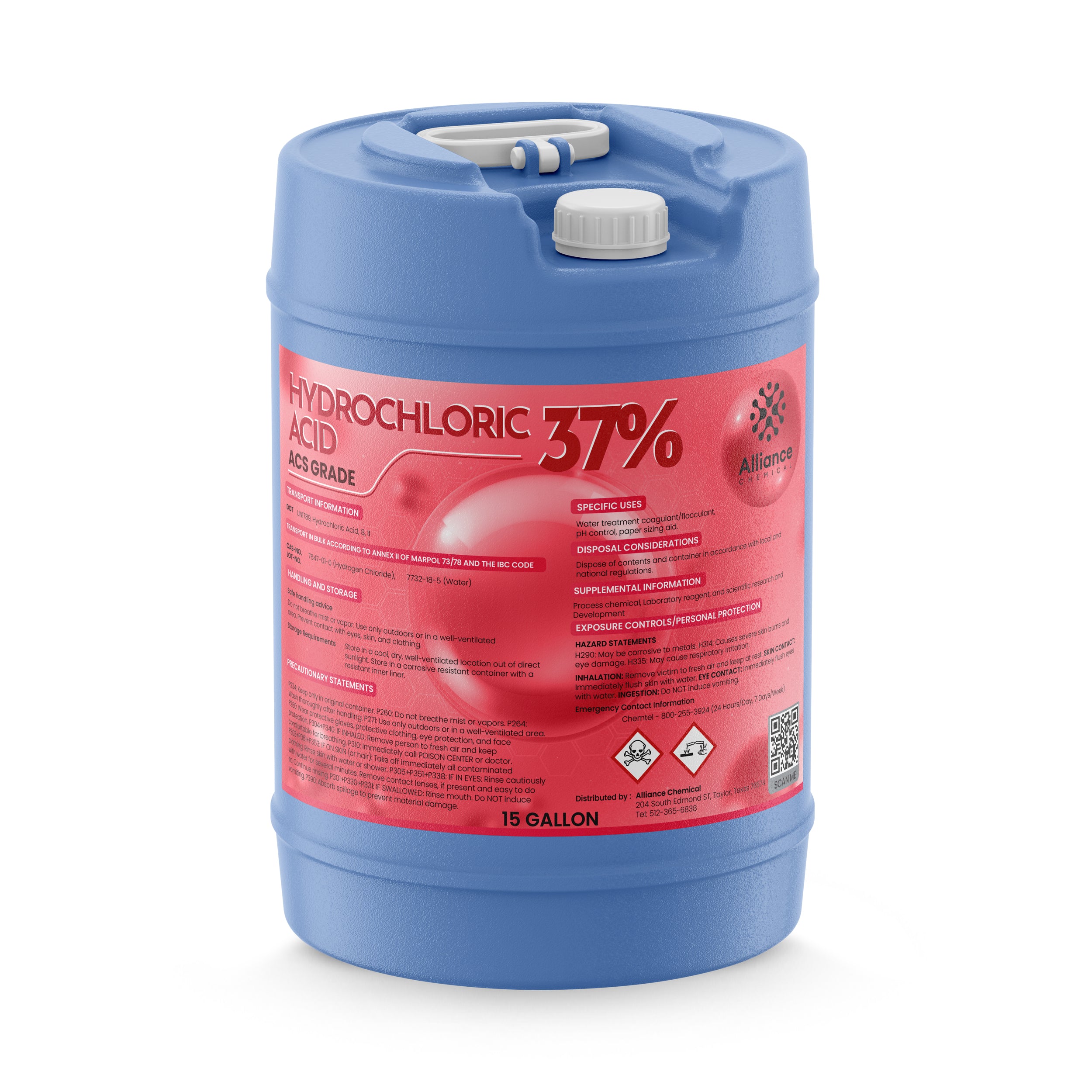 Alliance Chemical hydrochloric acid 37% in blue 15-gallon HDPE pail with safety warnings