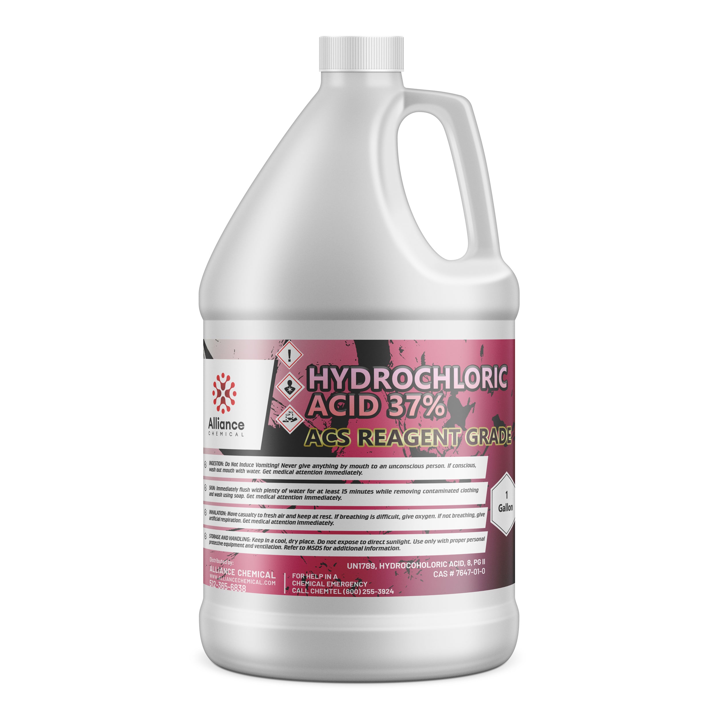 One-gallon HDPE bottle of Hydrochloric Acid 37% ACS Reagent Grade with corrosive/toxic hazard diamonds, Alliance Chemical branding, and safety instructions.