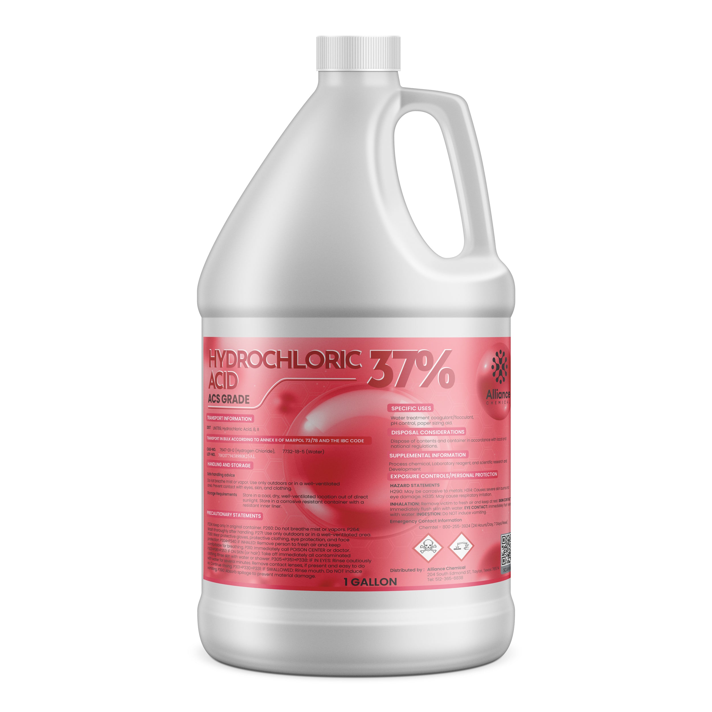 Alliance Chemical hydrochloric acid 37% in white 1-gallon HDPE jug with red labeling