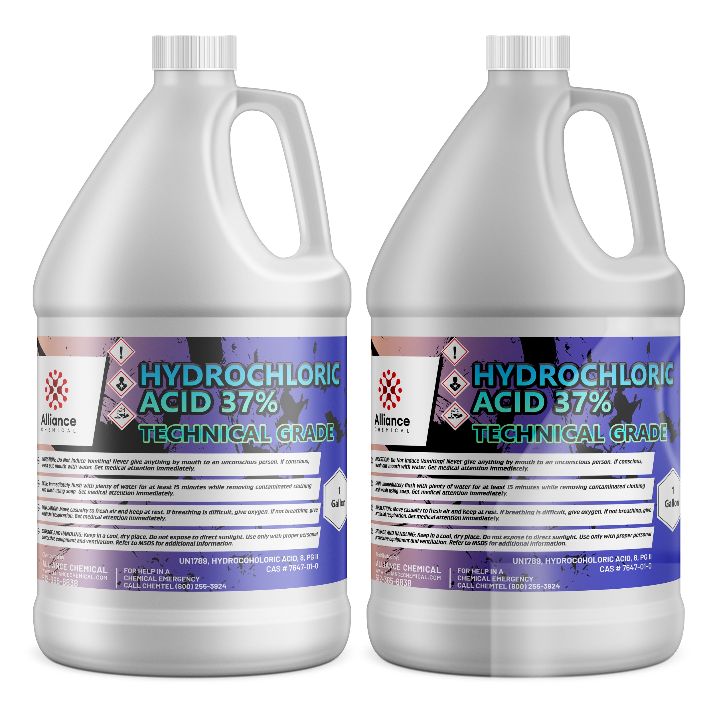 2-gallon HDPE jugs of 37% Technical Grade Hydrochloric Acid (HCl) with GHS corrosive/toxic hazard diamonds and safety warnings, Alliance Chemical brand.