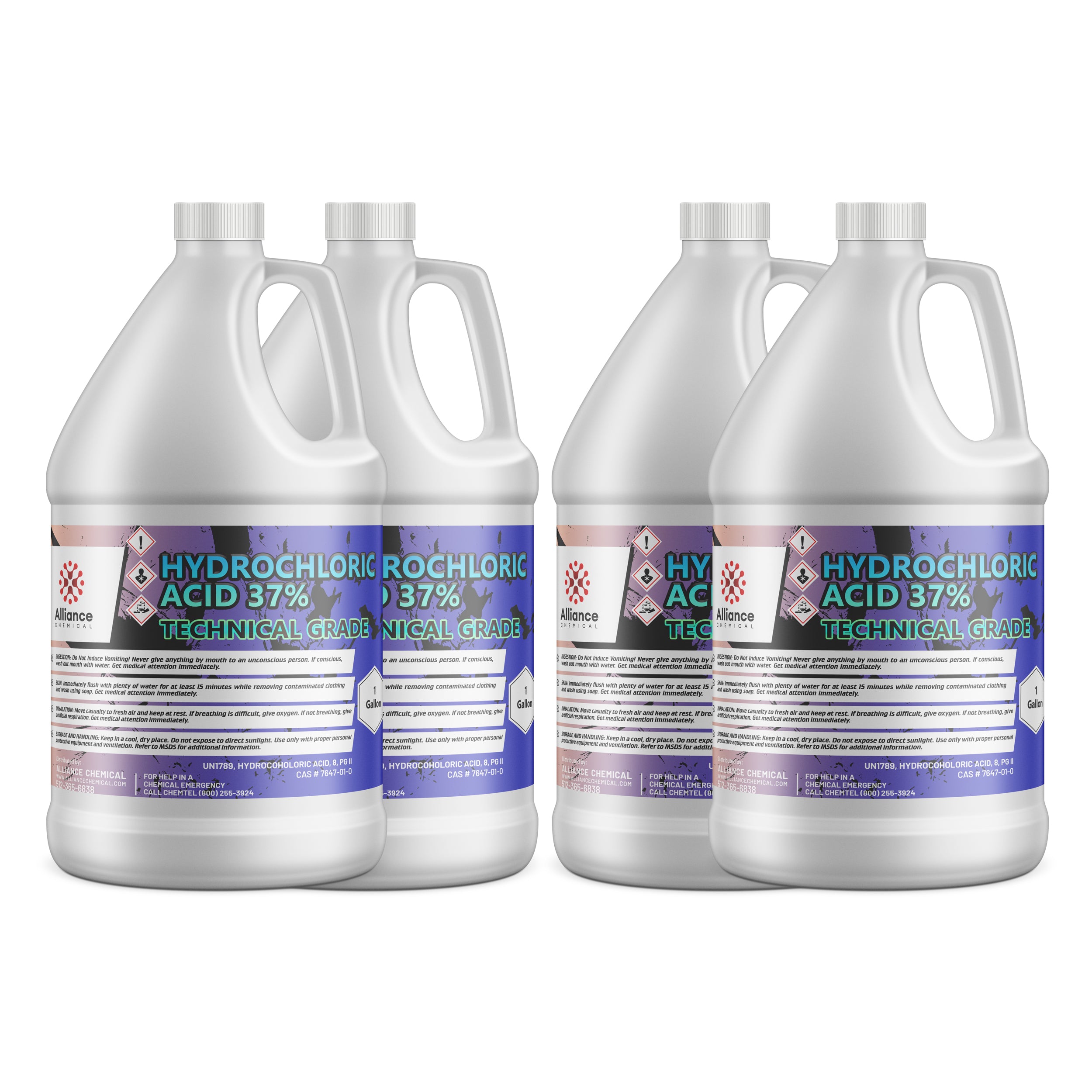 4x1-gallon Hydrochloric Acid 37% Technical Grade, white HDPE jugs with corrosive/hazardous material warning symbols, Alliance Chemical brand label in blue and purple.