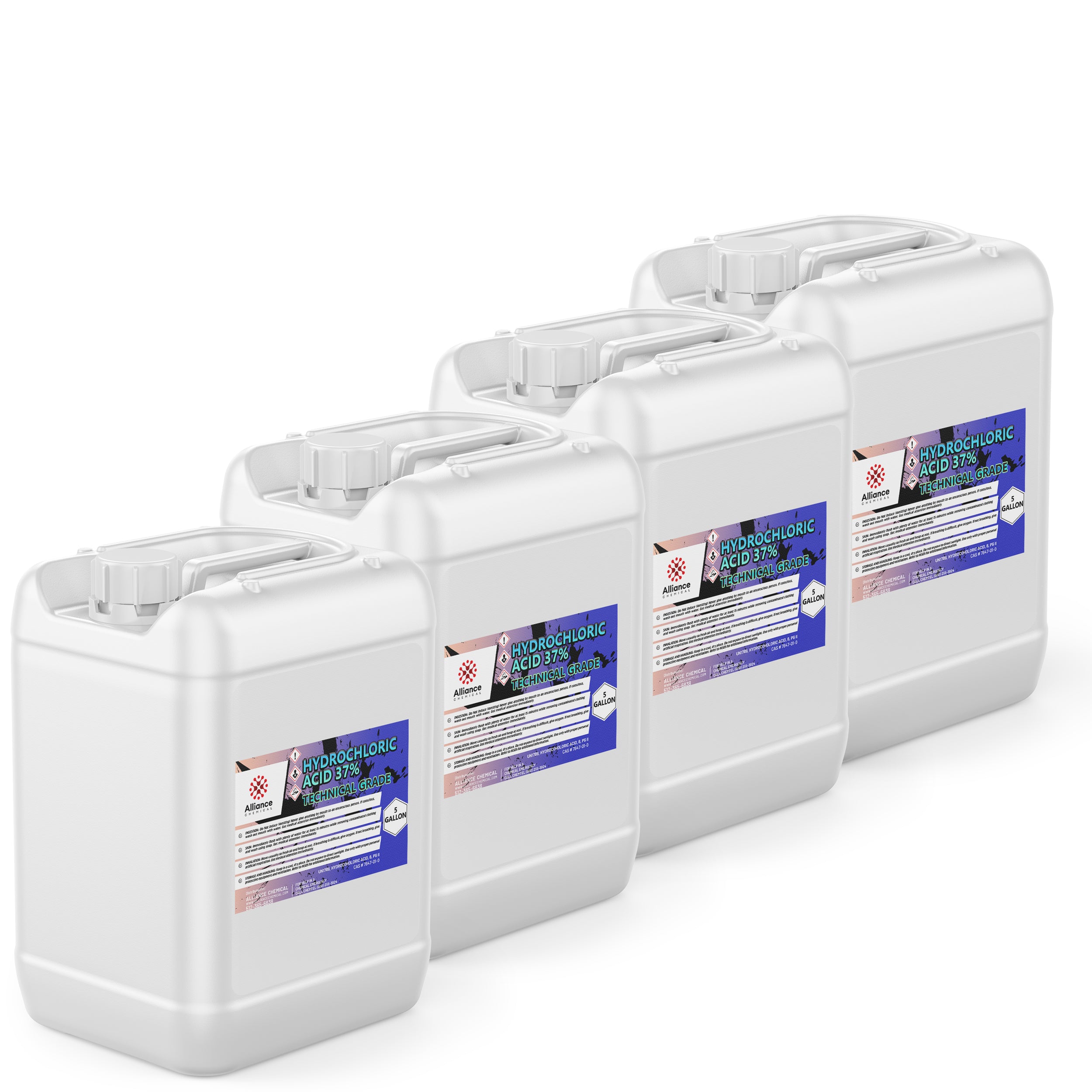 4x5-gallon white HDPE containers of 37% Technical Grade Hydrochloric Acid (HCl), with blue-labeled Alliance Chemical safety markings and secure screw caps.