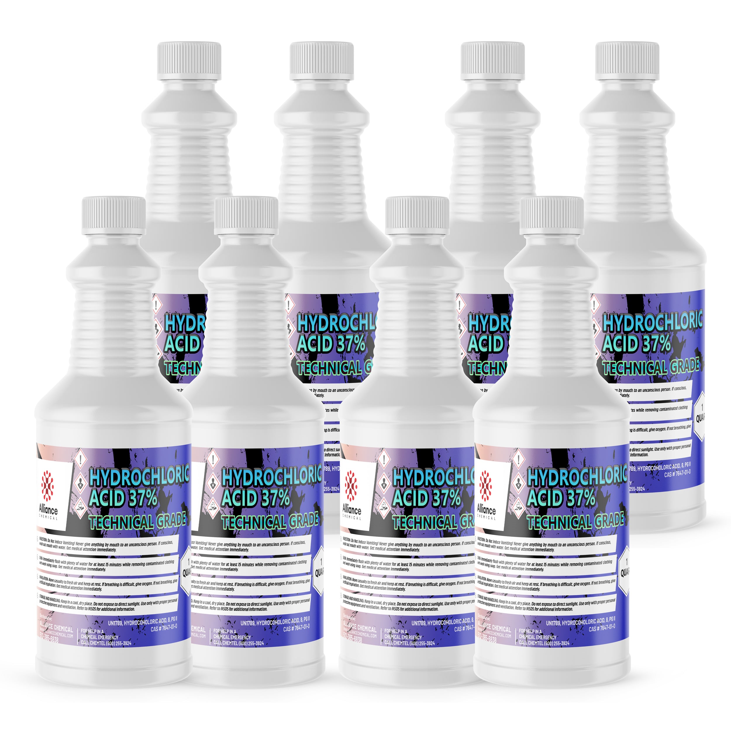 8x1-quart bottles of Technical Grade 37% Hydrochloric Acid (HCl) in white HDPE containers with corrosive hazard labels and safety warnings.